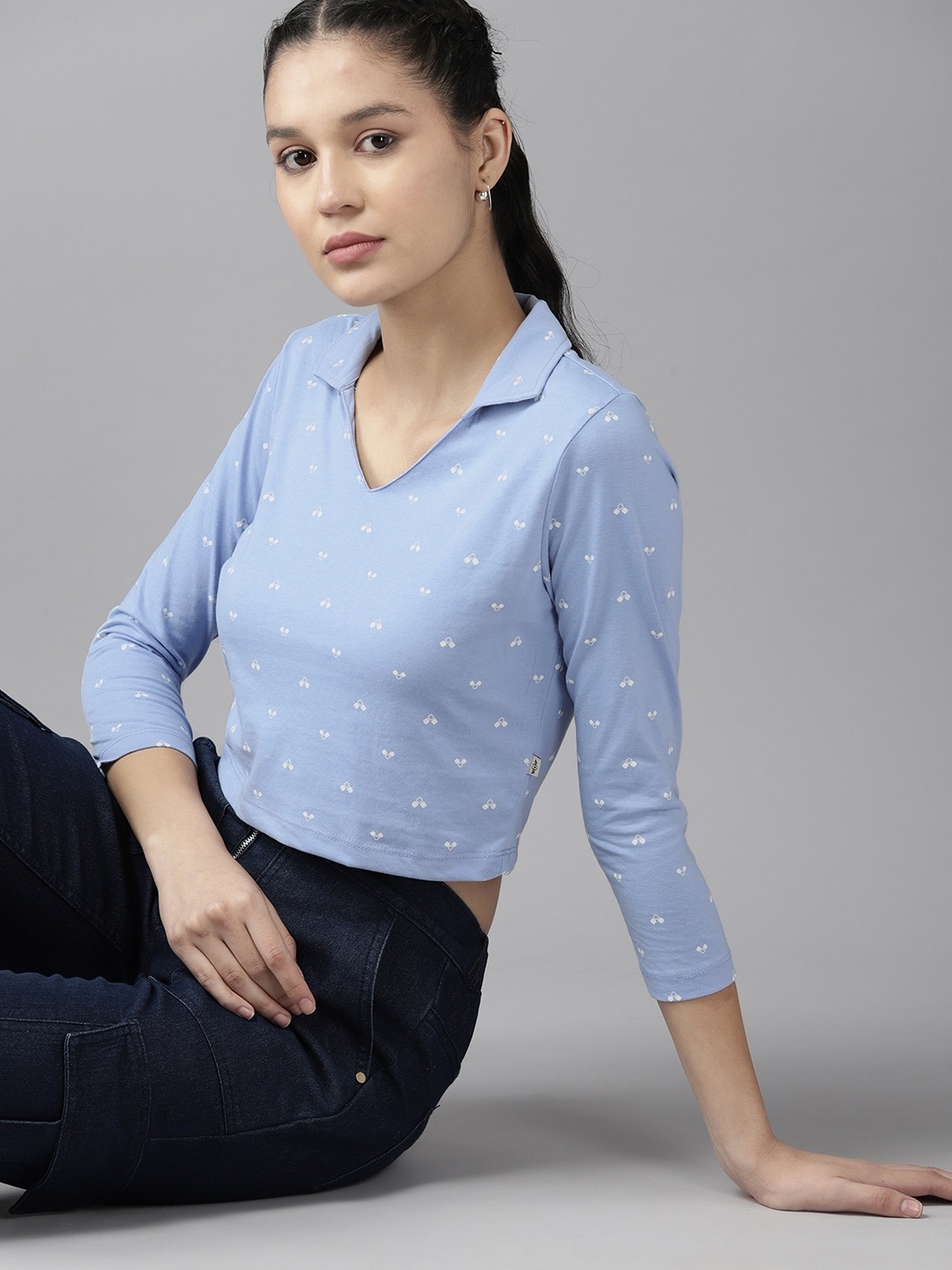 

The Roadster Lifestyle Co. Printed Polo Collar Crop T-shirt, Blue