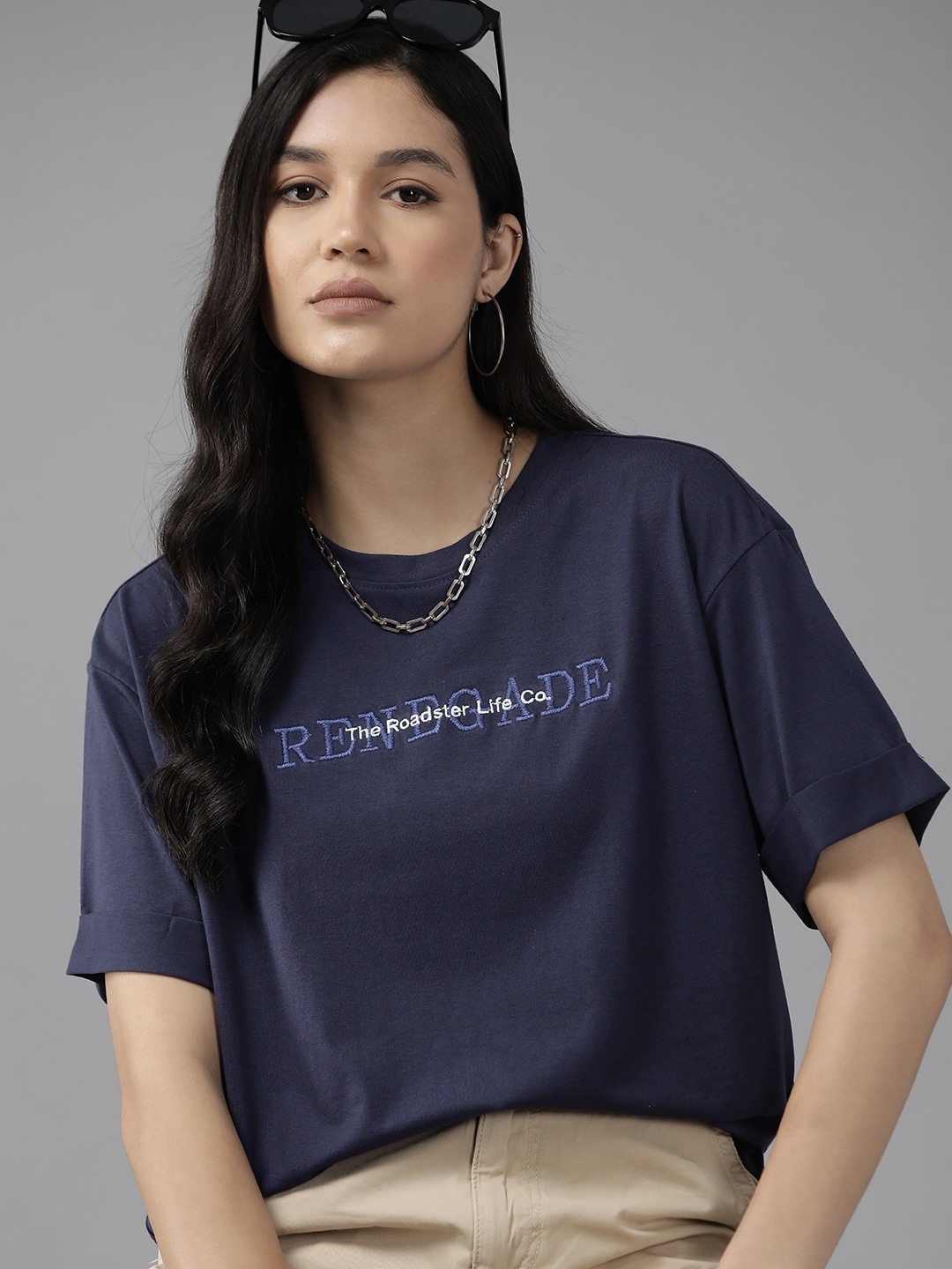 

The Roadster Lifestyle Co. Embroidered Drop-Shoulder Sleeves Boxy T-shirt, Navy blue