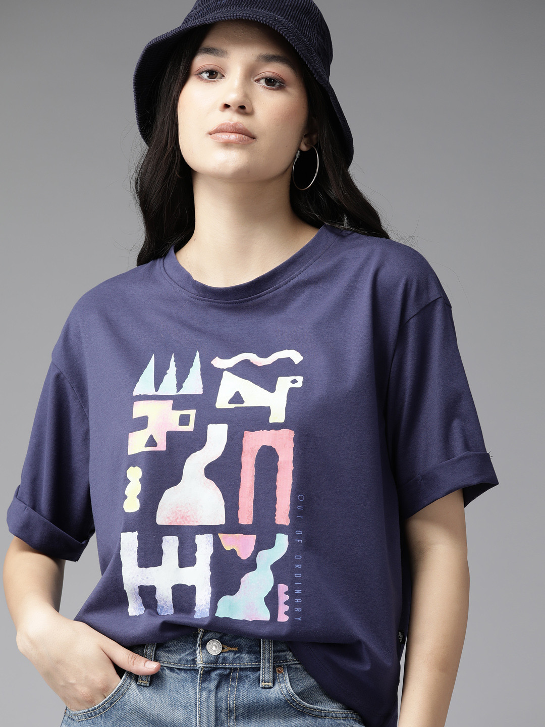 

The Roadster Lifestyle Co. Printed Drop-Shoulder Sleeves Boxy T-shirt, Blue