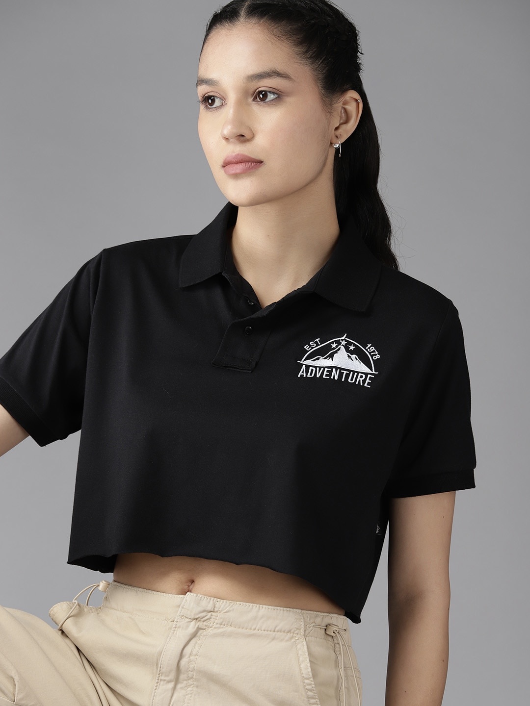 

The Roadster Lifestyle Co. Embroidered Detail Polo Collar Crop T-shirt, Black