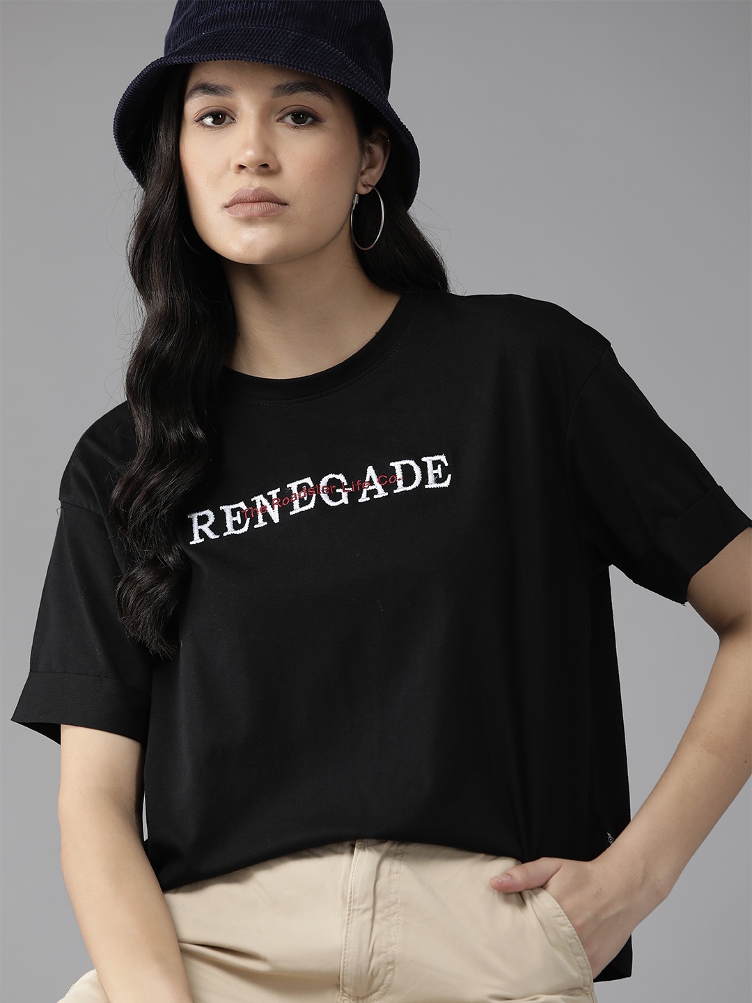 

Roadster Women Embroidered Detail Drop-Shoulder Sleeves Boxy T-shirt, Black