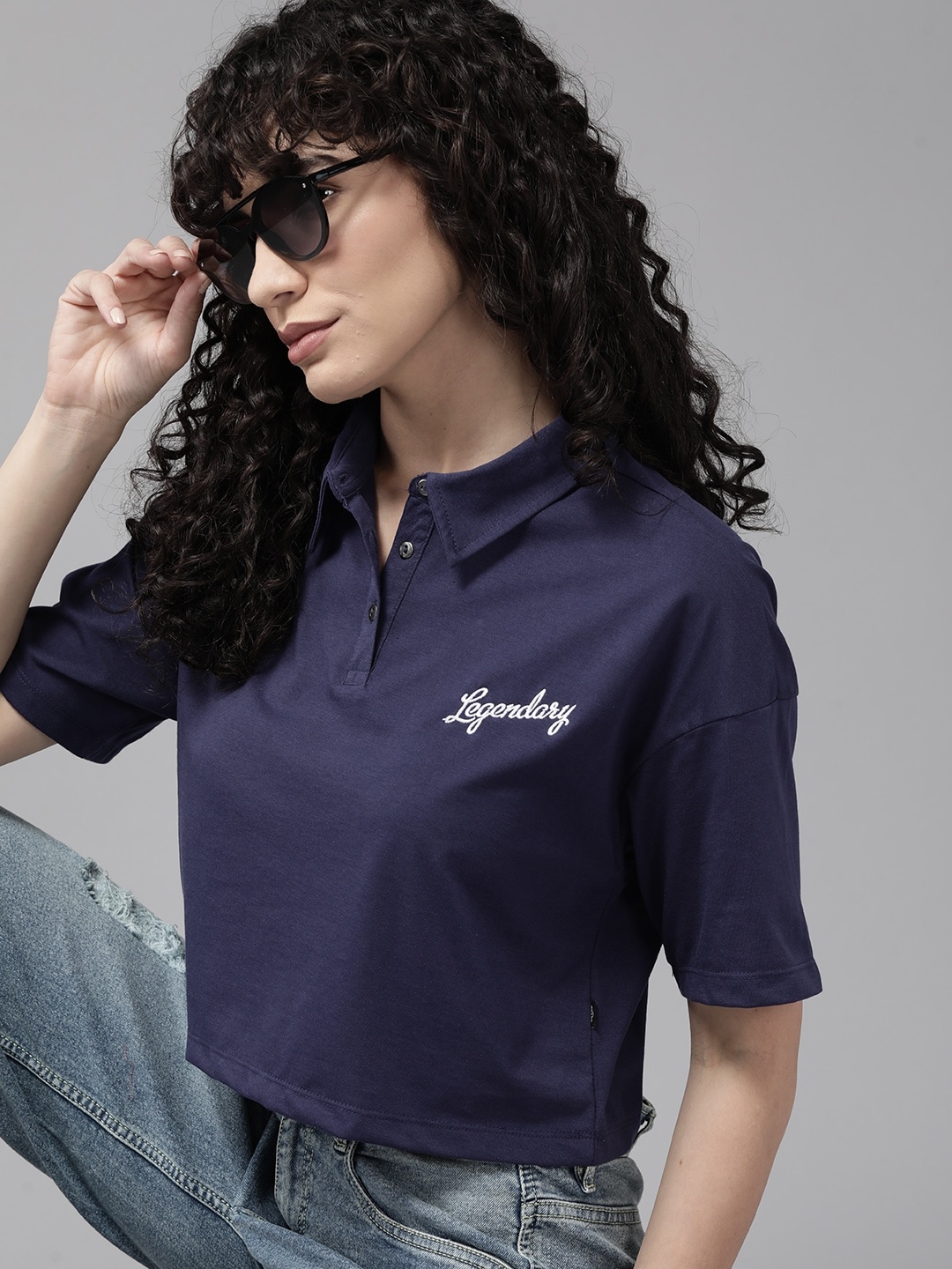 

Roadster Polo Collar Drop-Shoulder Sleeves T-shirt, Navy blue