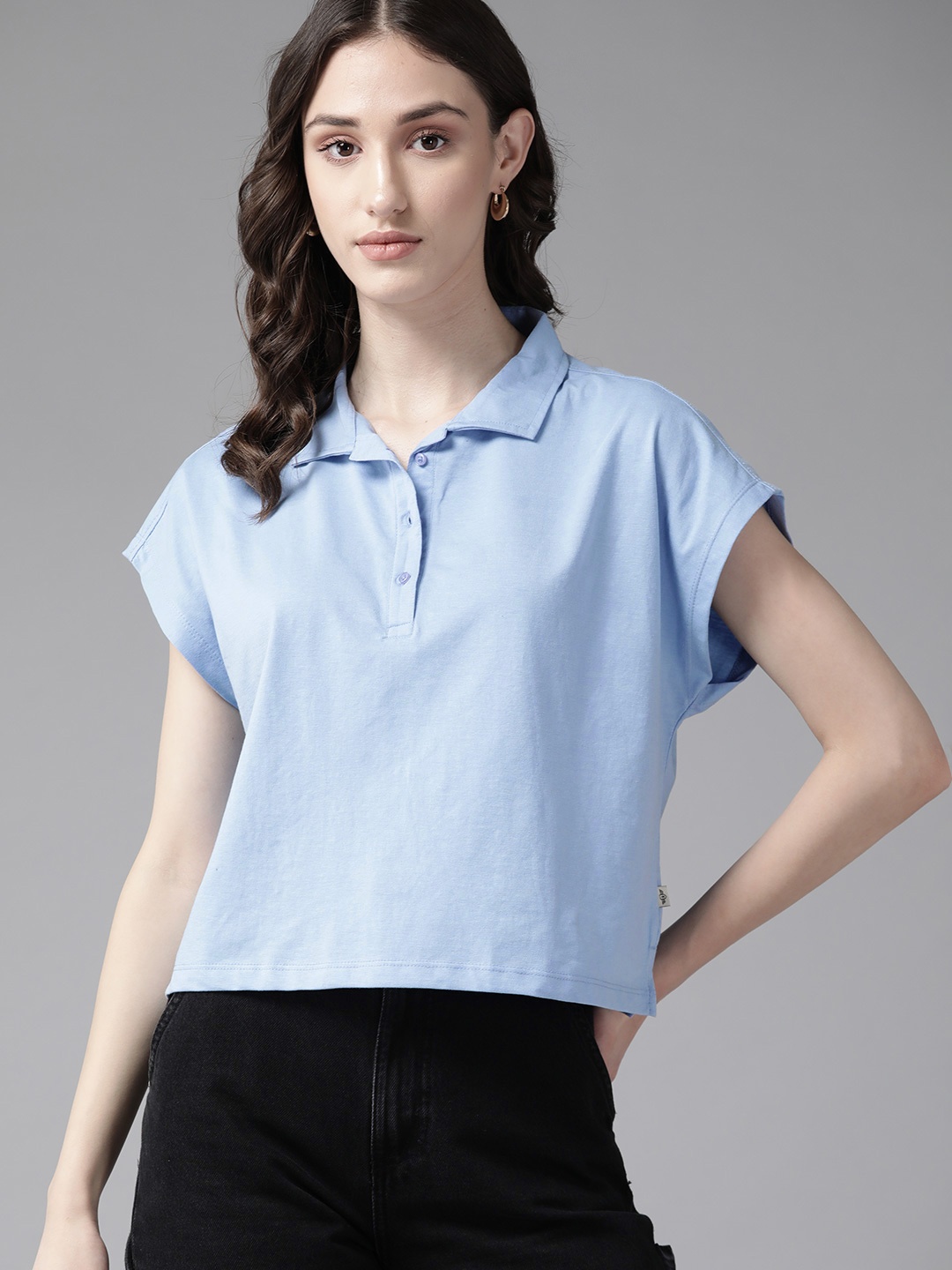 

The Roadster Lifestyle Co. Polo Collar Extended Sleeves Boxy T-shirt, Blue