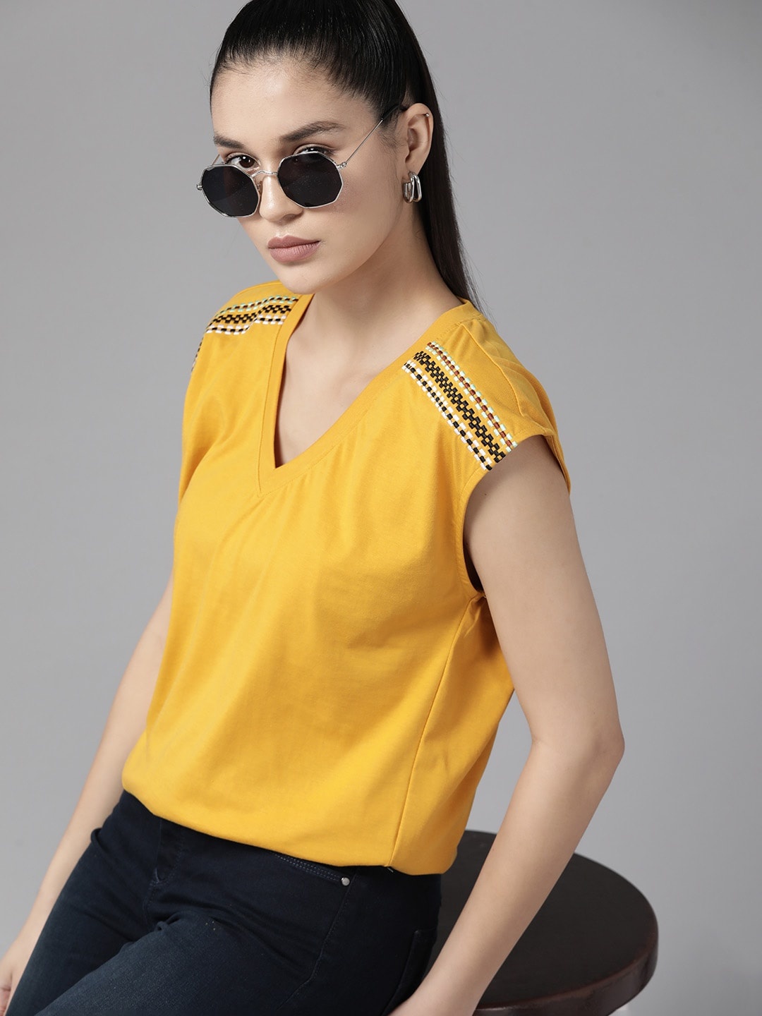 

Roadster Women V-Neck Extended Sleeves T-shirt, Mustard