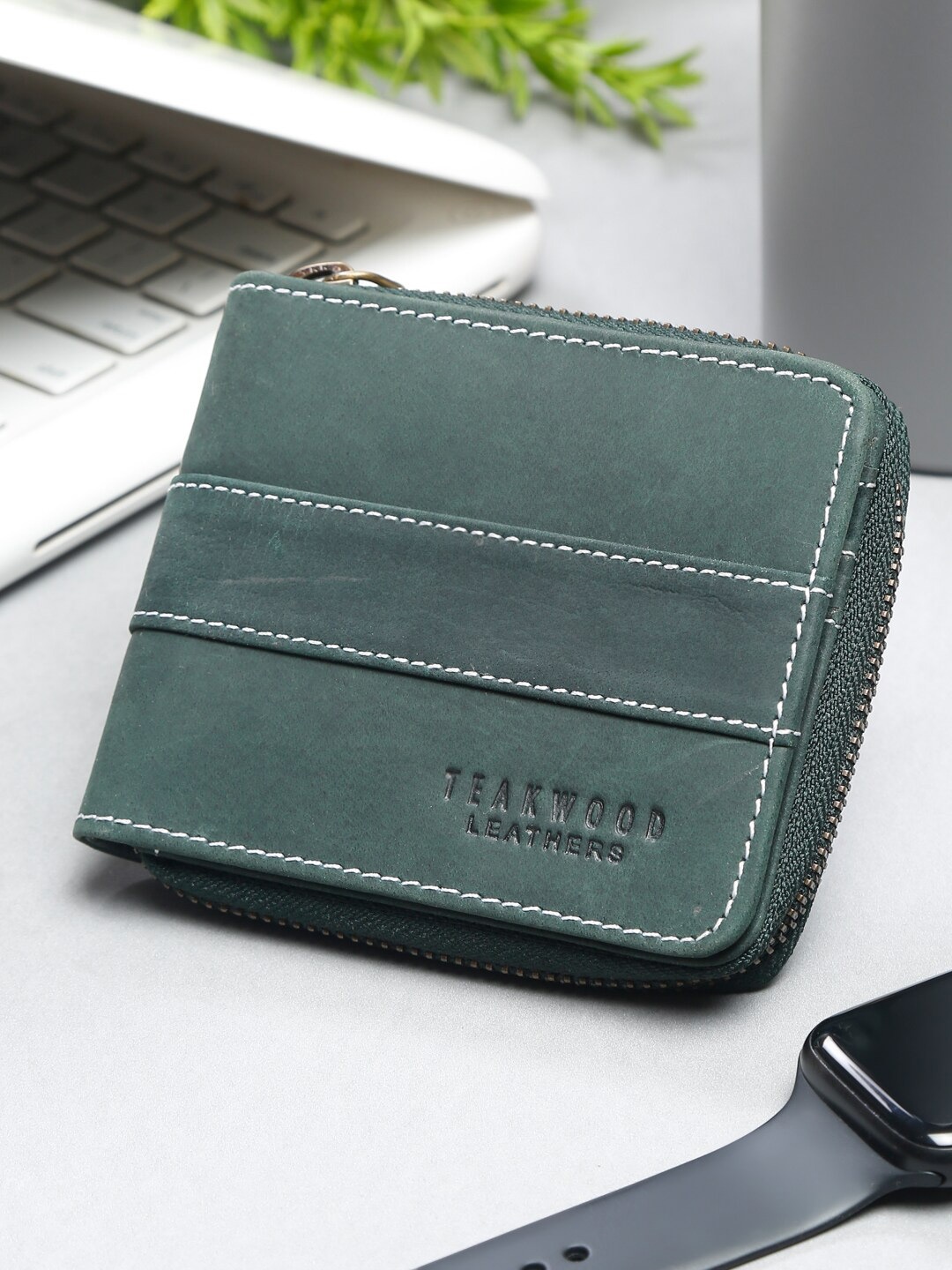 

Teakwood Leathers Men Leather Zip Around Wallet, Olive