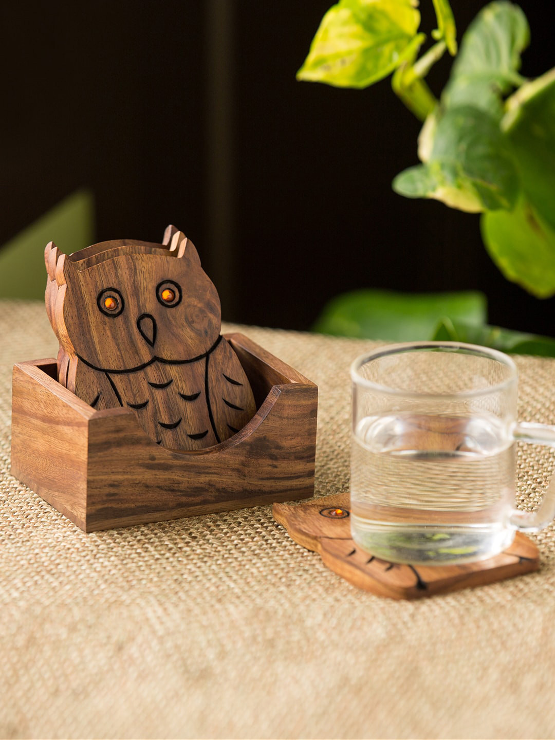 

ExclusiveLane Brown 4 Pcs Owl Hand Carved Wooden Coasters With Stand