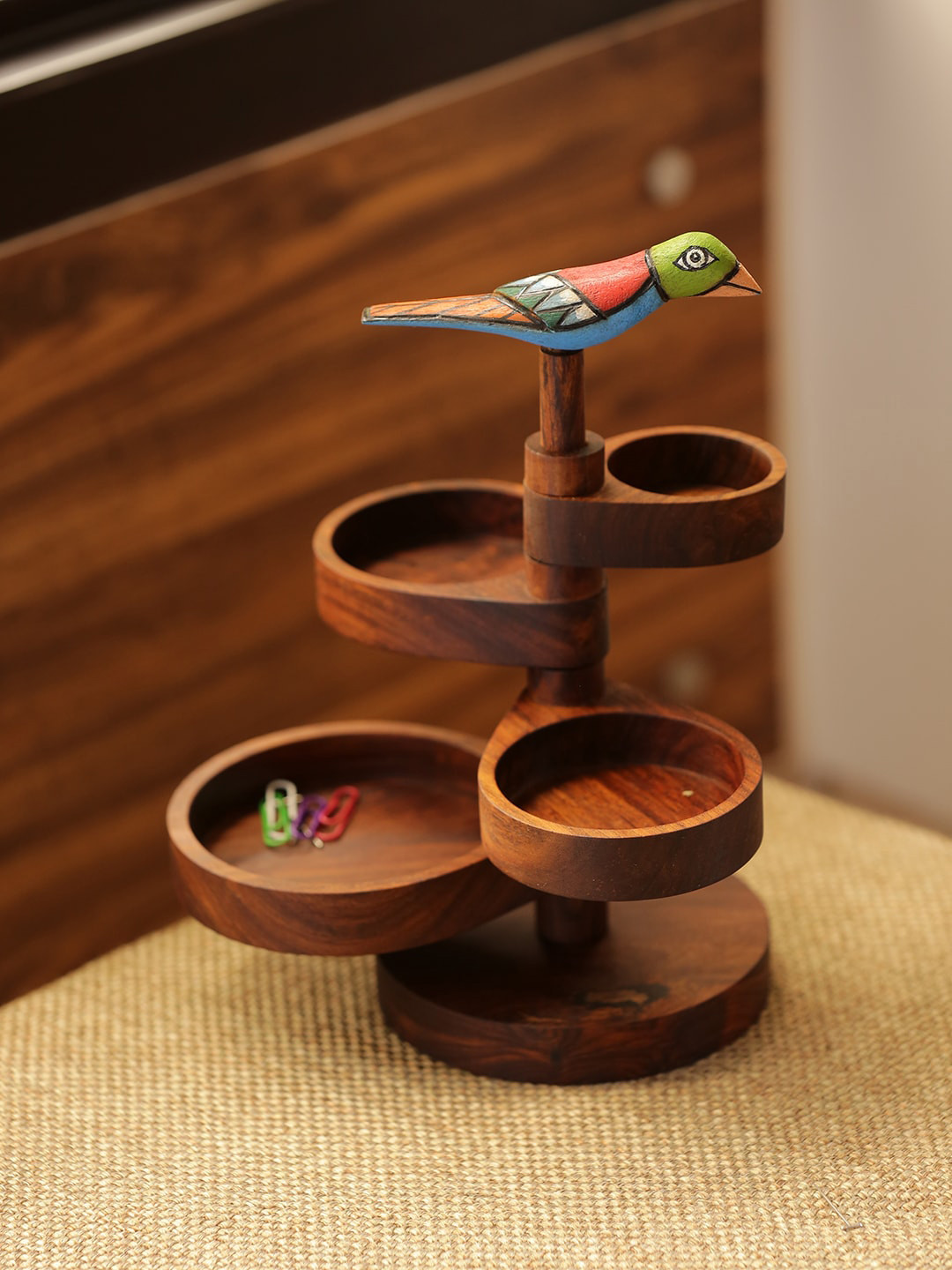 

ExclusiveLane Bird Brown Textured 4-Tier Rotatable Wooden Jewellery Organiser