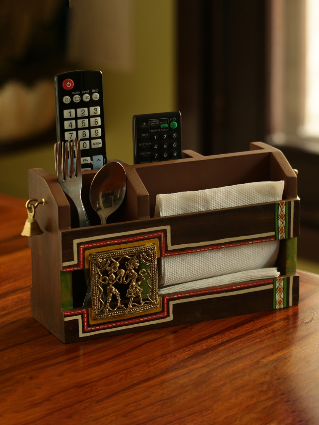 

ExclusiveLane Dhokr-A-Rrange Brown & Green Printed Wooden Table Organiser With Brass Figurines