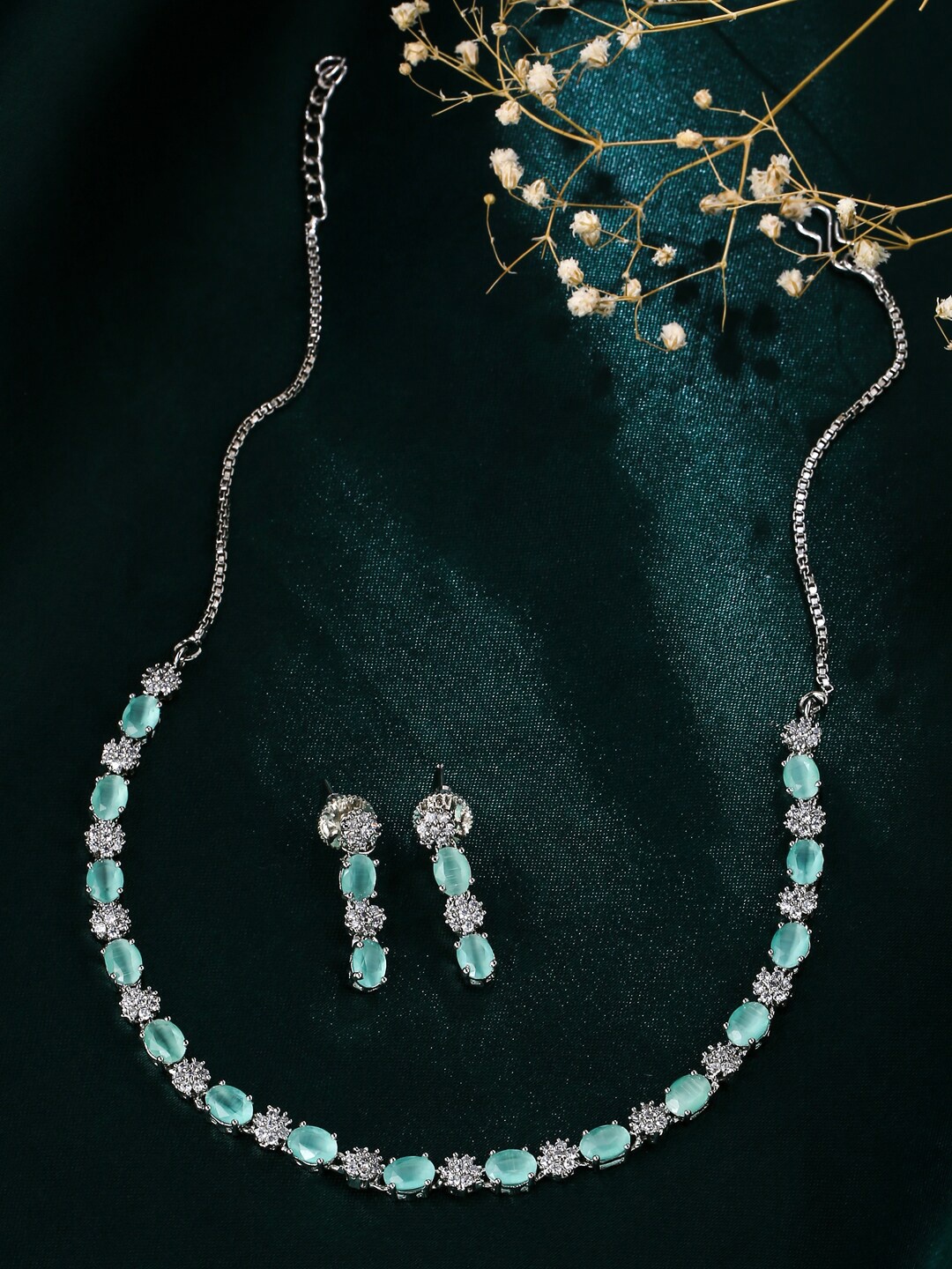

VIRAASI Silver-Plated AD Studded Jewellery Set, Sea green