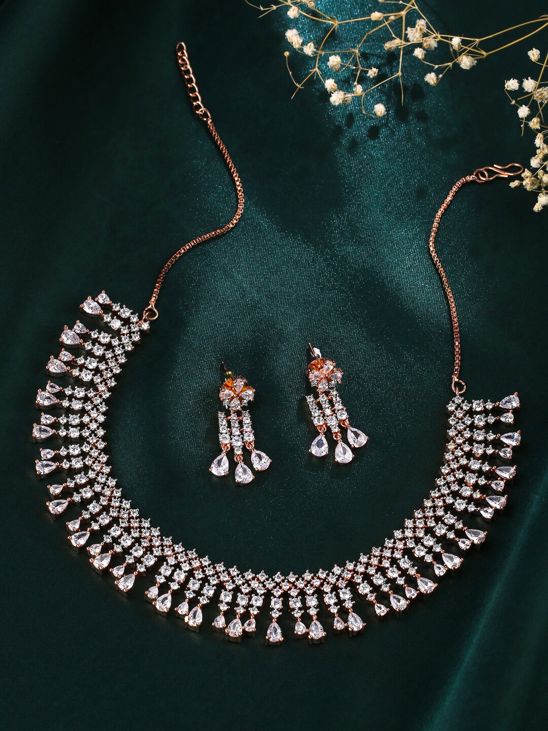 

VIRAASI Rose Gold-Plated AD & CZ Studded Jewellery Set, White