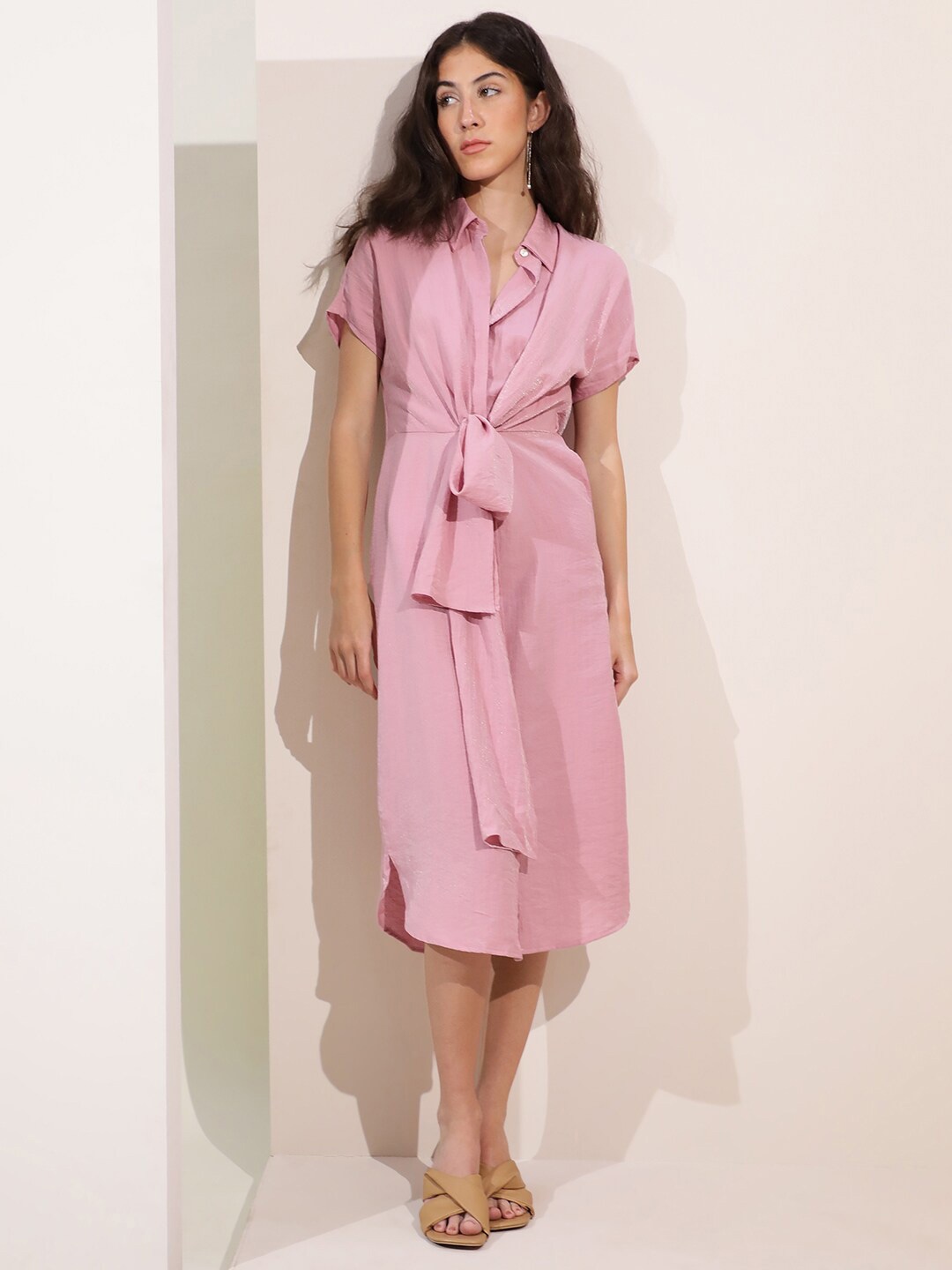 

RAREISM Slits Shirt Collar Curved Extended Sleeves Knotted Shirt Dress, Pink