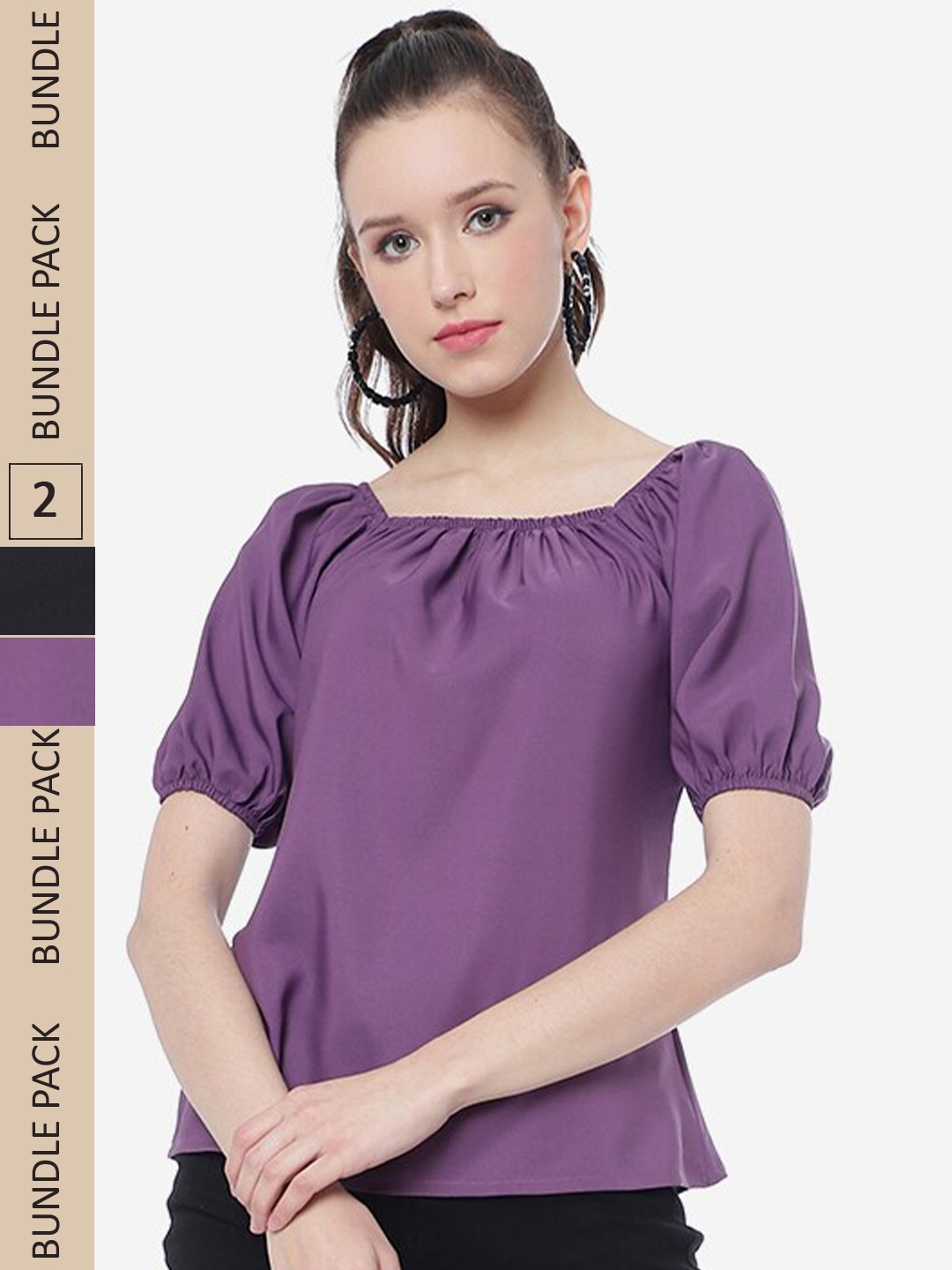 

J Turritopsis Pack Of 2 Puff Sleeves Square Neck Tops, Purple
