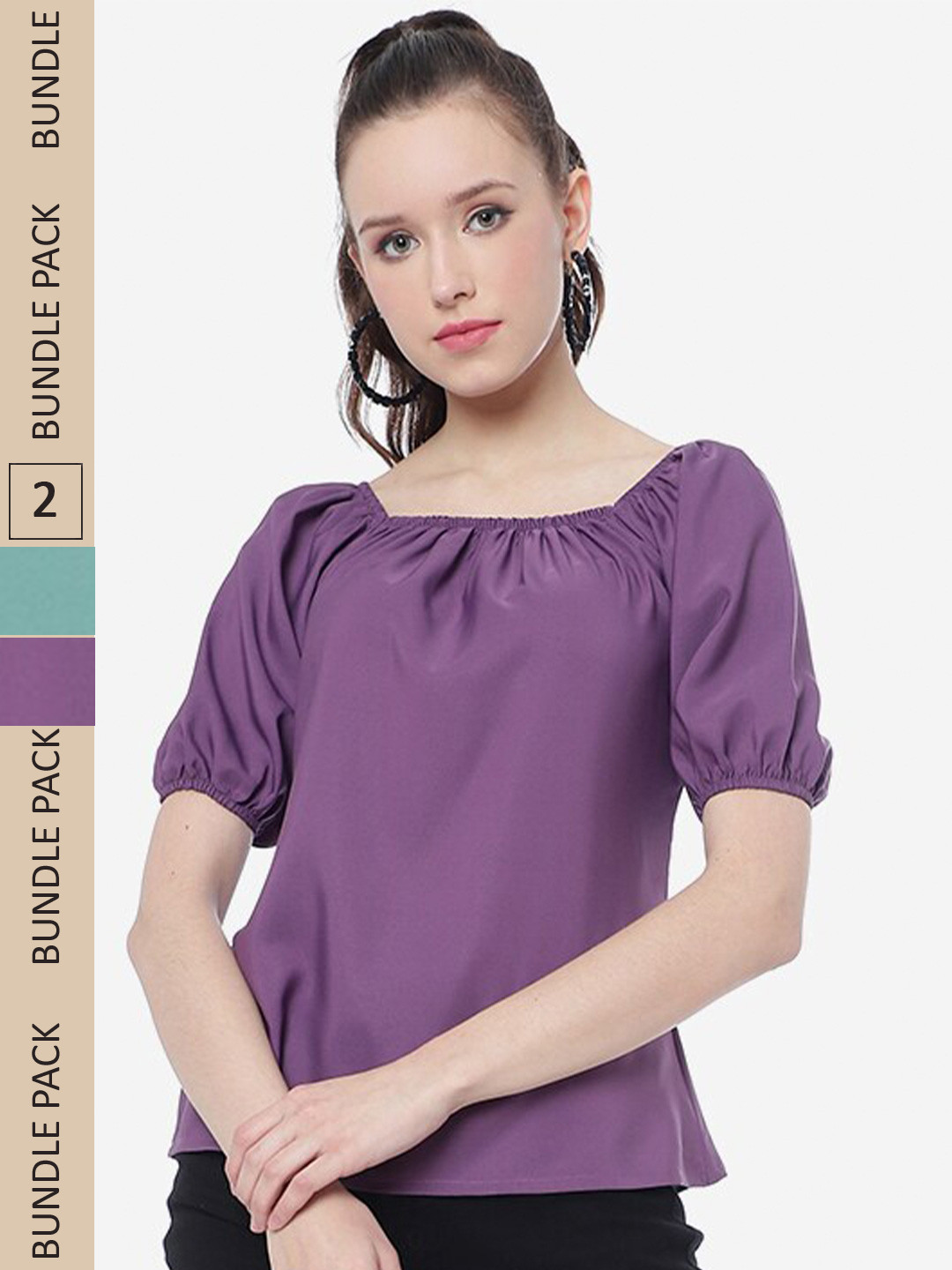 

J Turritopsis Pack Of 2 Puff Sleeves Square Neck Tops, Purple