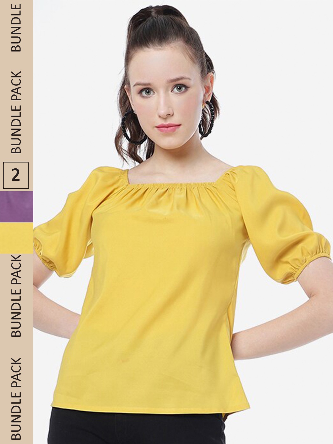 

J Turritopsis Pack Of 2 Puff Sleeves Square Neck Tops, Yellow