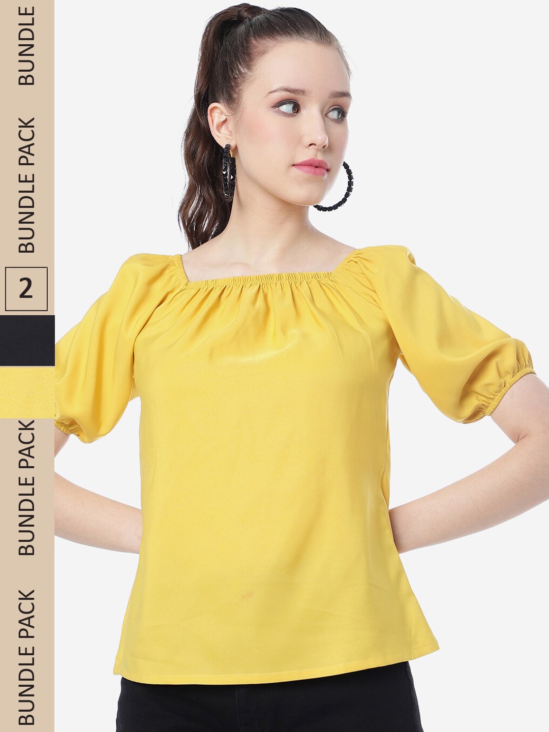 

J Turritopsis Pack Of 2 Puff Sleeves Square Neck Tops, Yellow