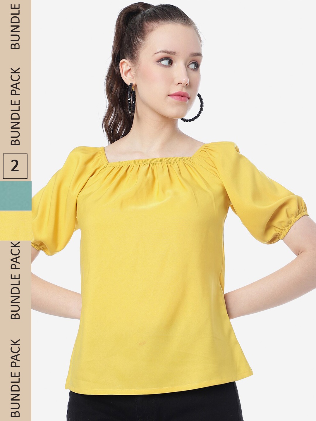 

J Turritopsis Pack Of 2 Square Neck Puff Sleeves Regular Top, Green