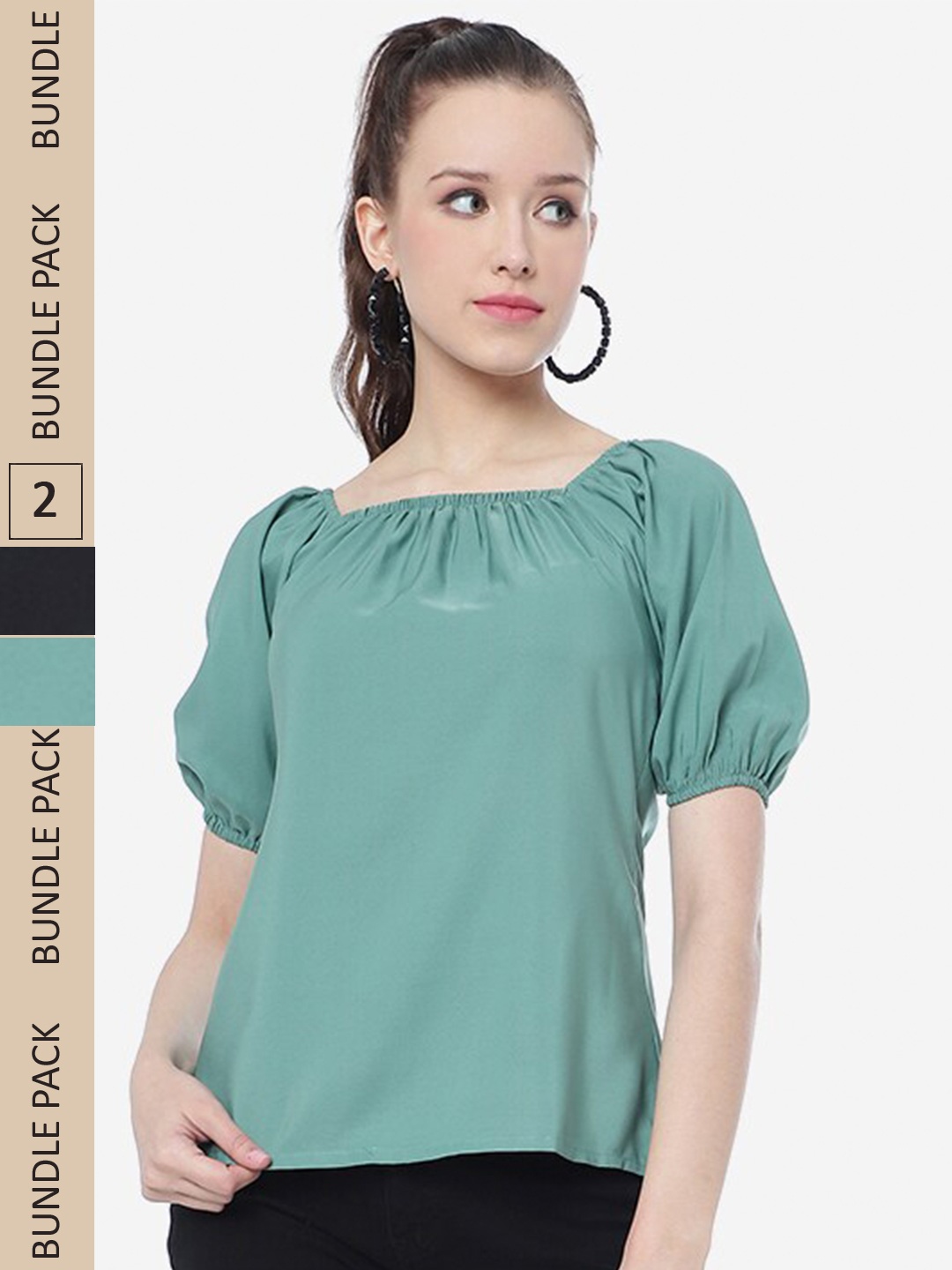 

J Turritopsis Pack Of 2 Puff Sleeves Square Neck Tops, Green