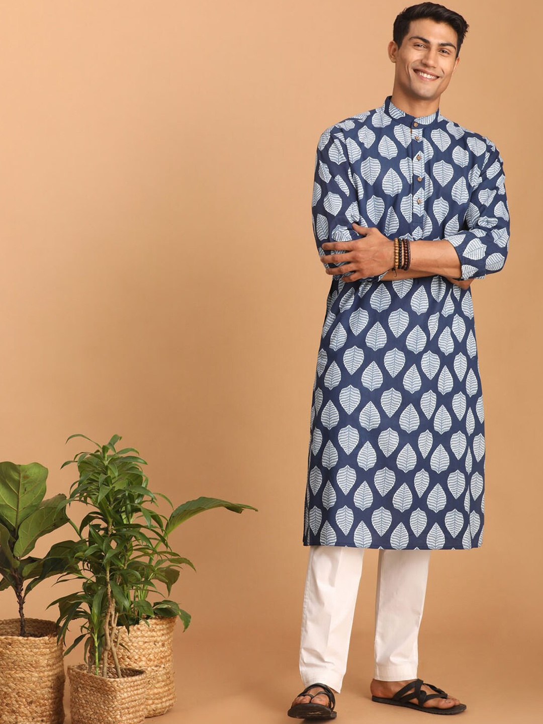 

VASTRAMAY Band Collar Ethnic Motifs Printed Pure Cotton Sustainable Kurta With Churidar, Blue