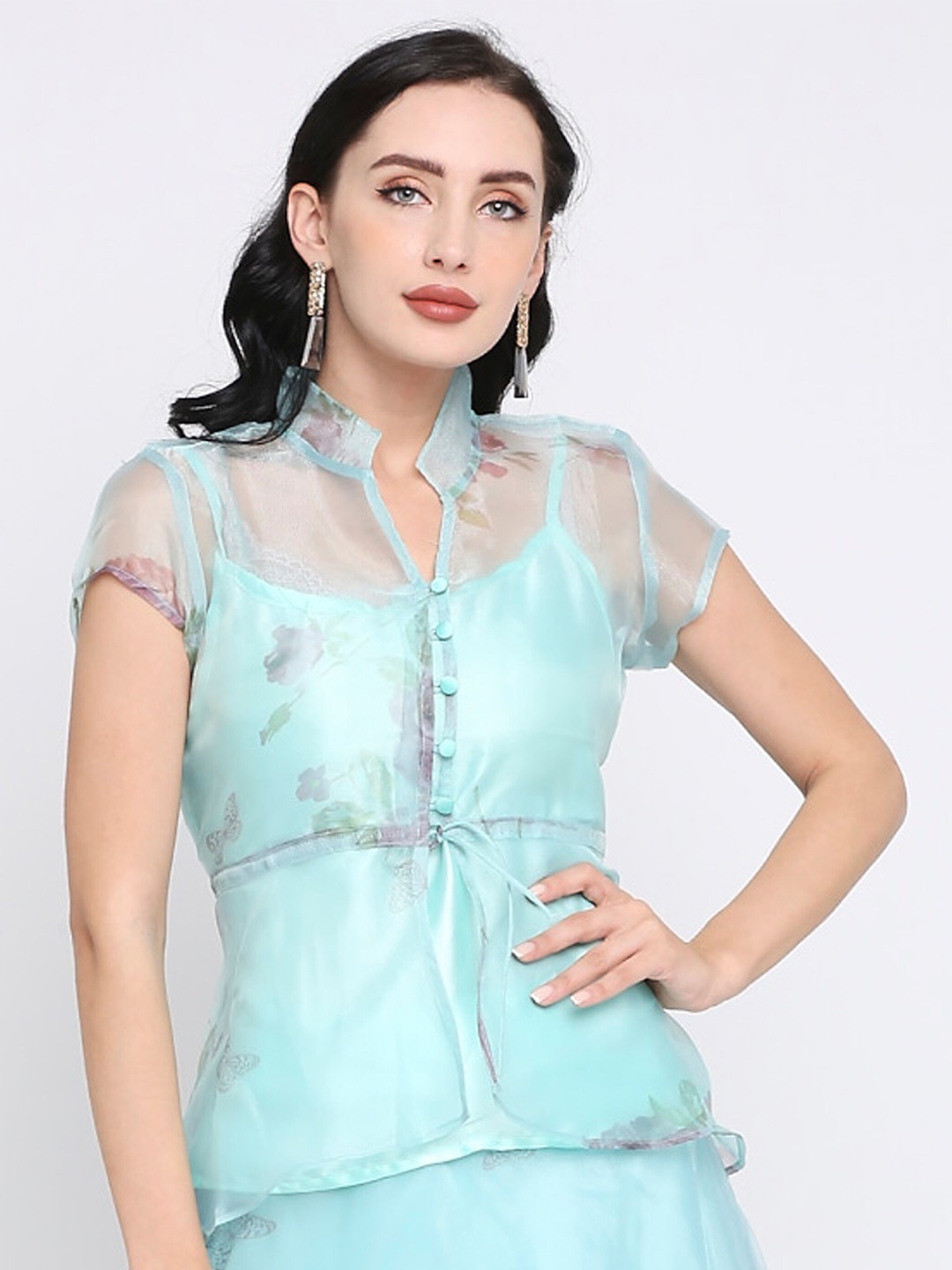 

Ira Soleil Semi-sheer Waist Tie-Up Mandarin Collar Cinched Waist Top, Blue