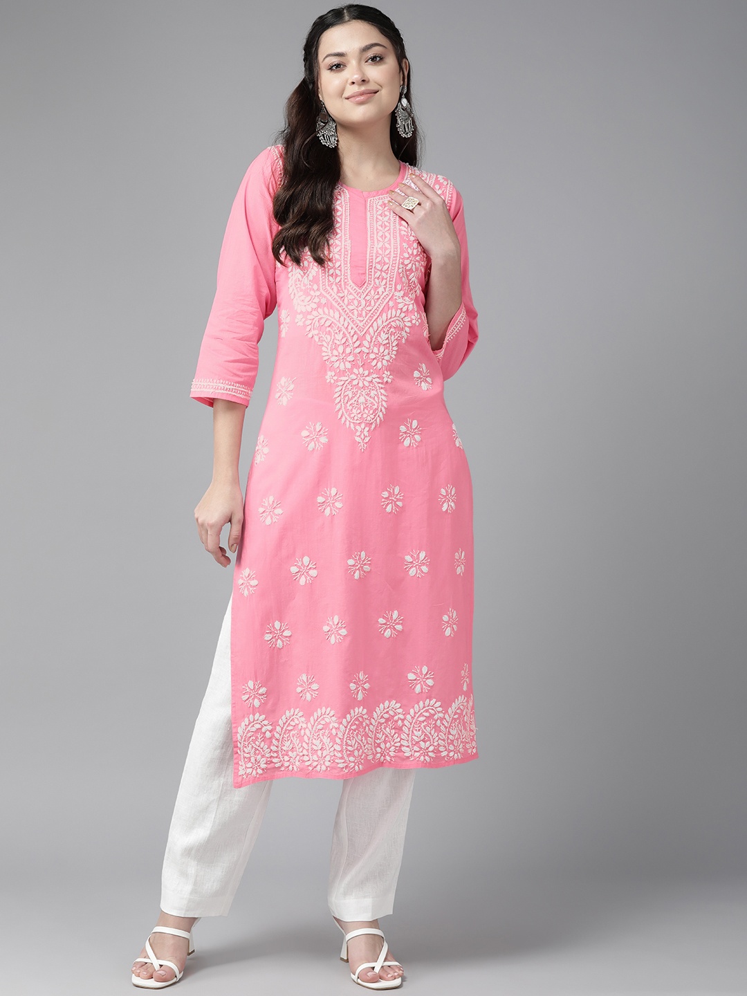 

ADA Ethnic Motifs Embroidered Chikankari Floral Kurta, Pink