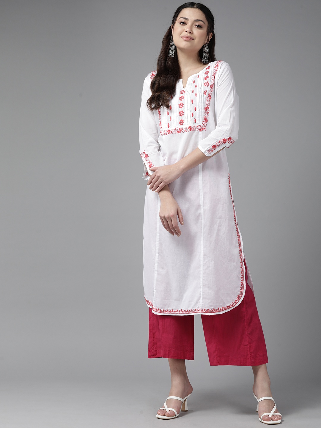 

ADA Ethnic Motifs Embroidered Chikankari Floral Kurta, White