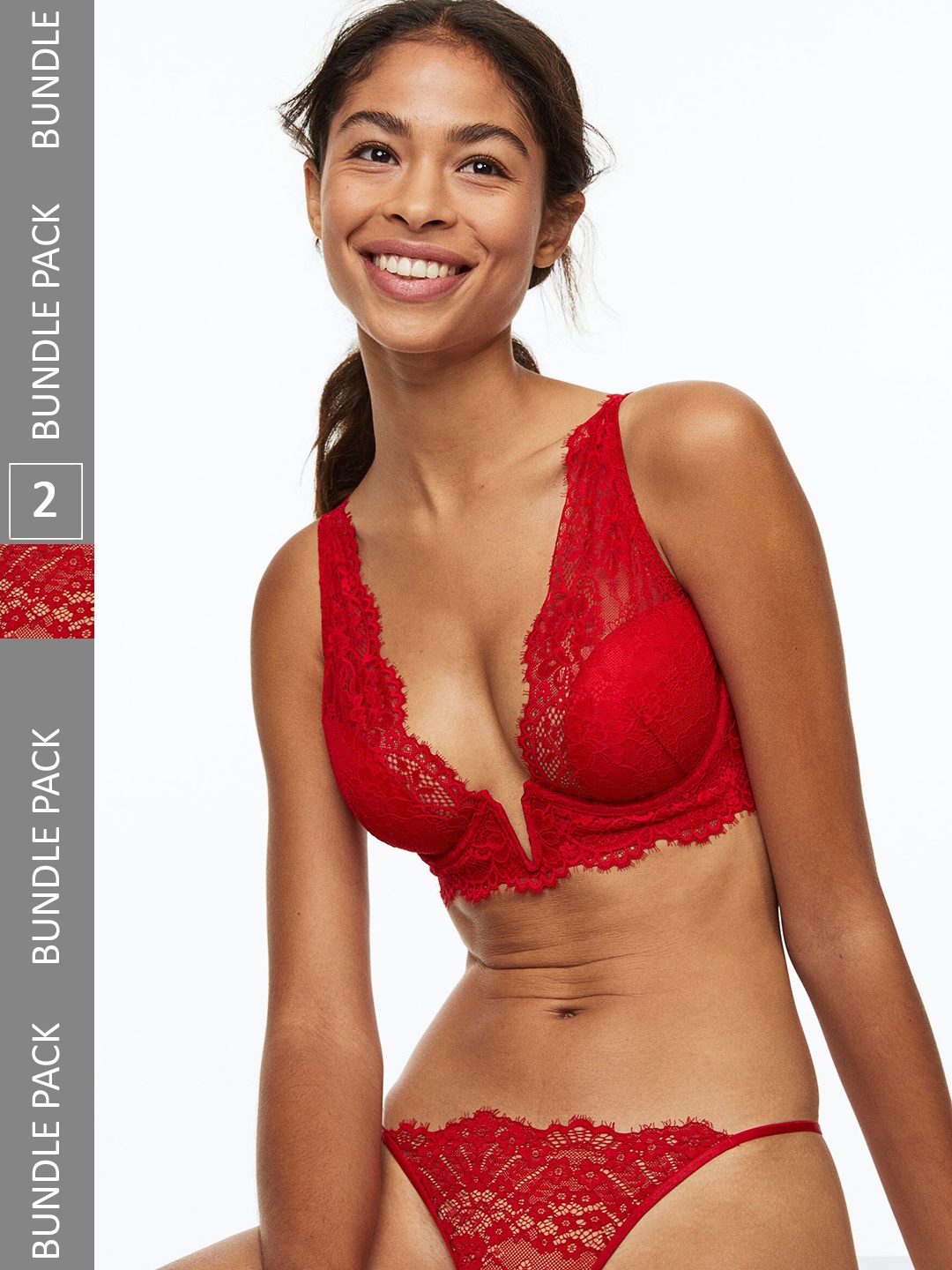 

H&M Women 2-Pack Lace Thong Briefs, Red