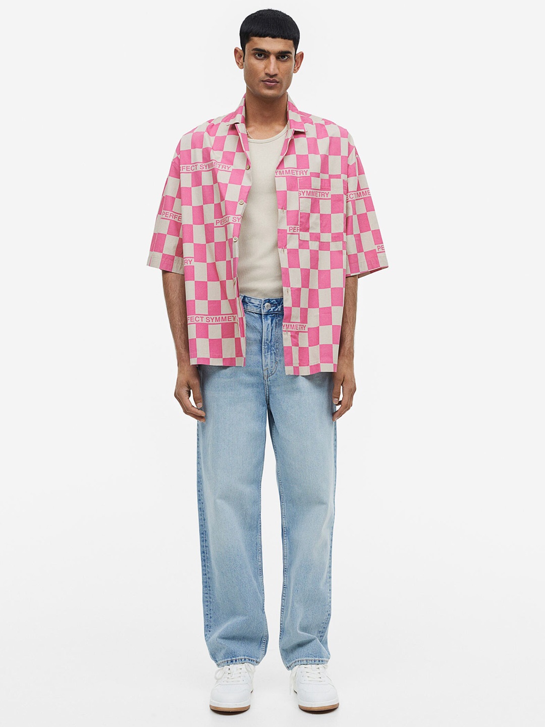 

H&M Men Oversized Fit Patterned Resort Shirt, Pink