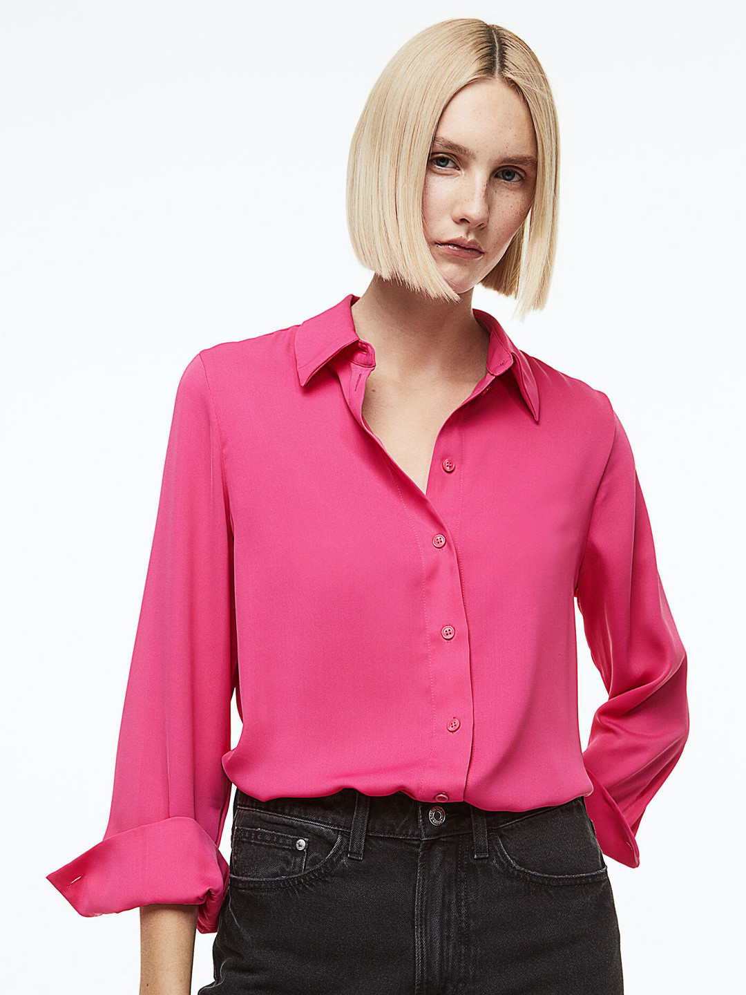 

H&M Women Pointed-Collar Shirt, Pink