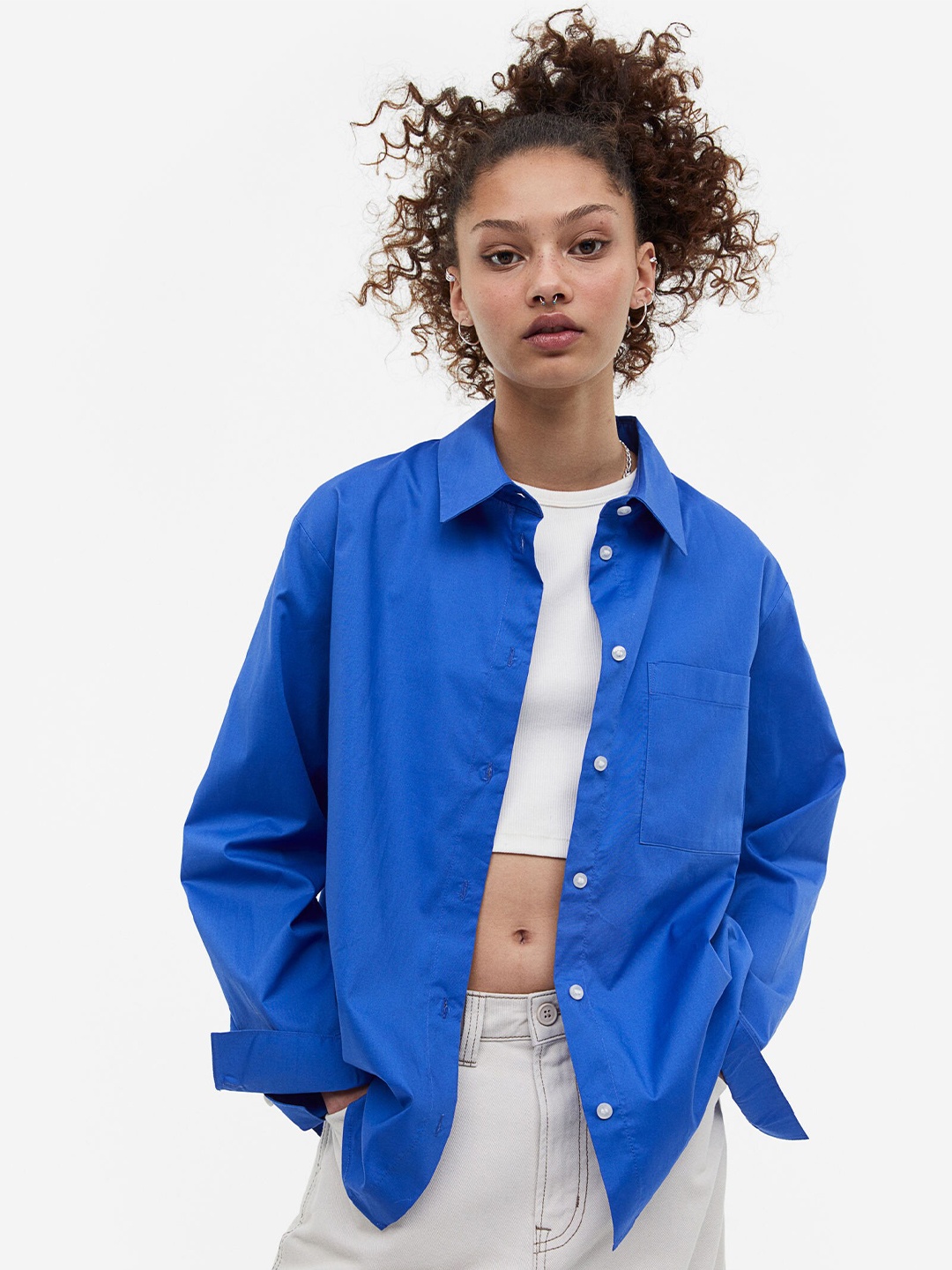 

H&M Women Cotton Poplin Shirt, Blue