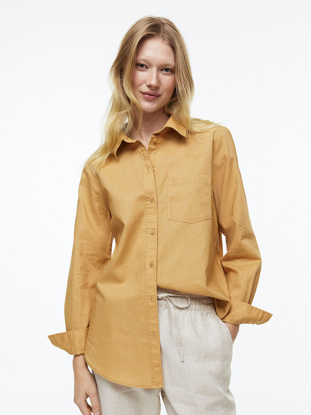 

H&M Women Linen-Blend Shirt, Mustard