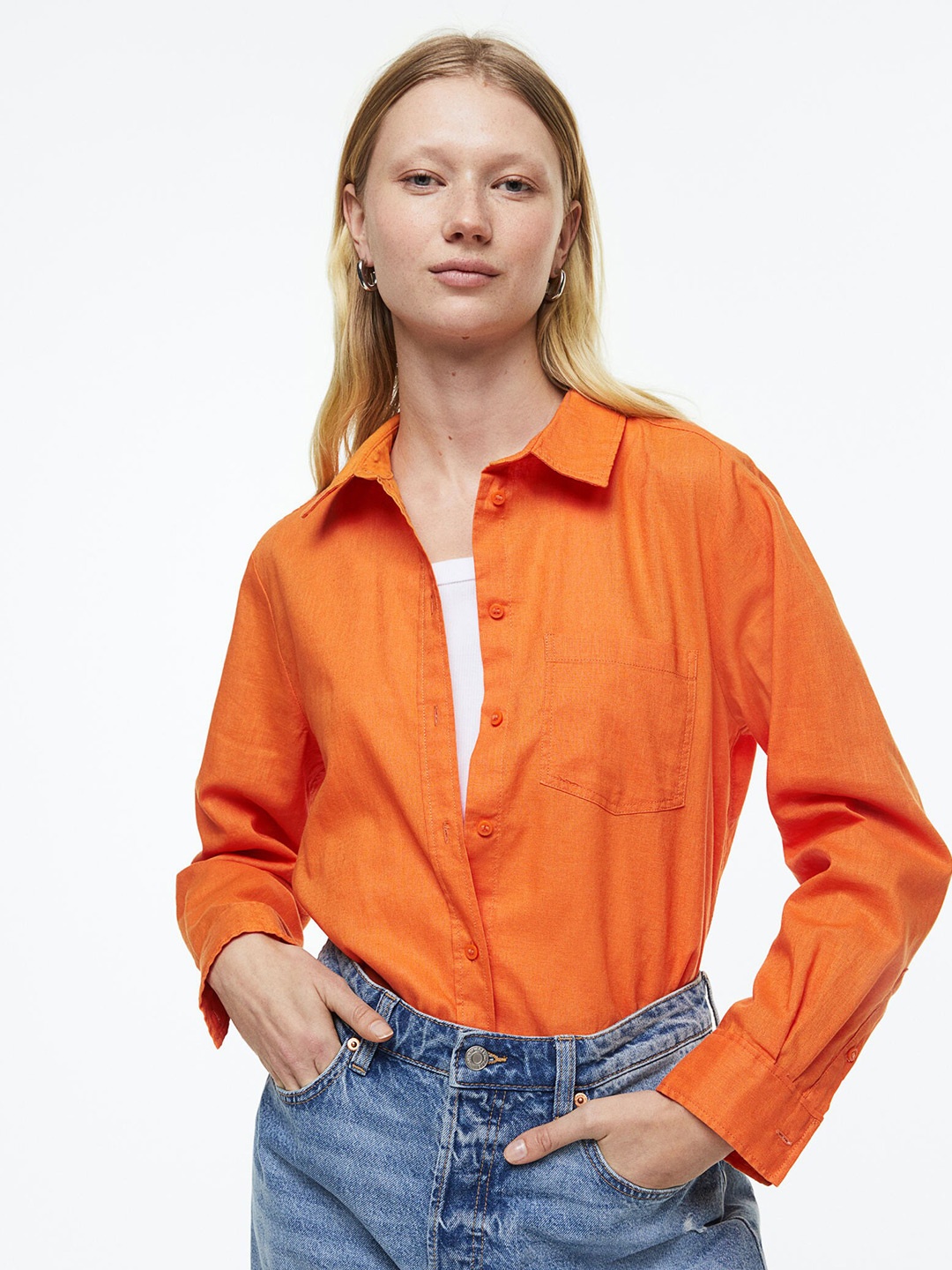 

H&M Women Linen-Blend Shirt, Orange