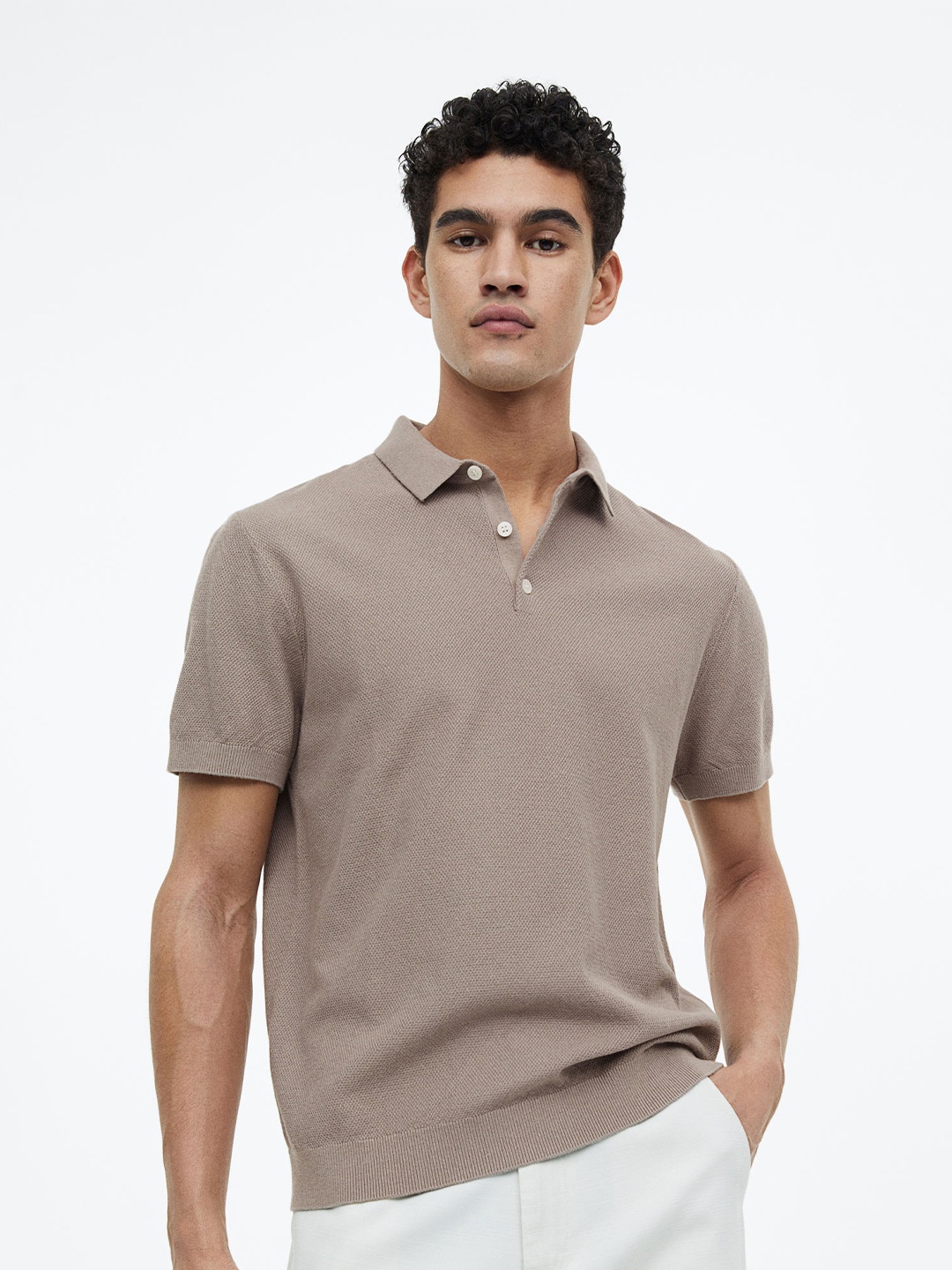 

H&M Men Pure Cotton Regular Fit Polo Shirt, Beige