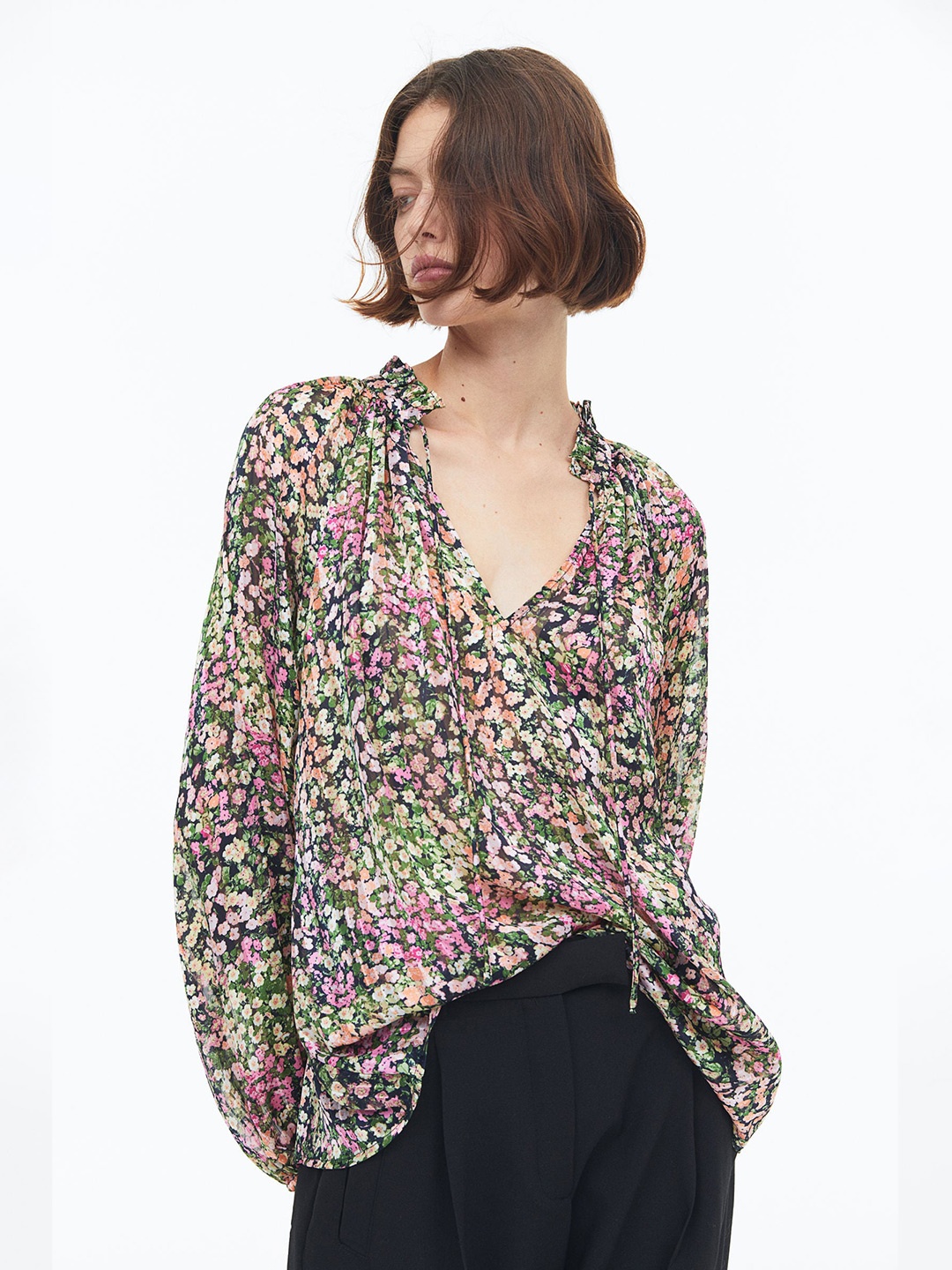 

H&M Frill-Trimmed Crepe Blouse, Multi