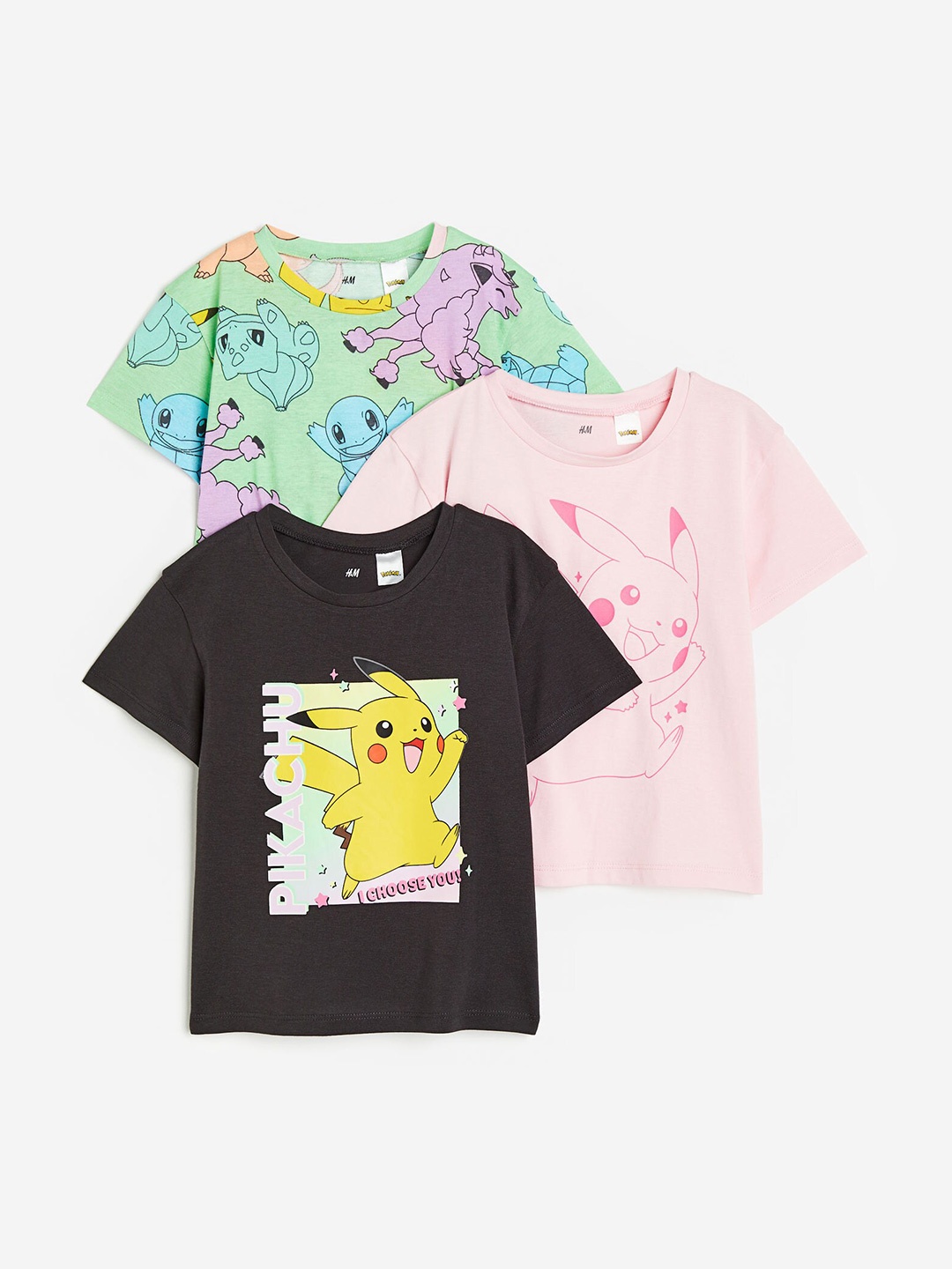 

H&M Girls 3-Pack Pokemon Printed Jersey Tops, Black