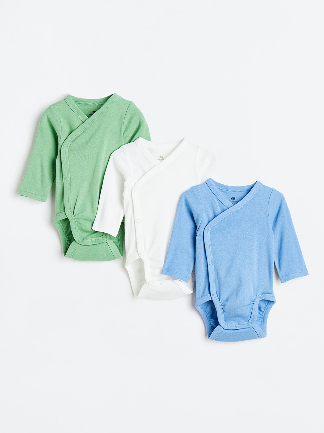 

H&M Infant Girls 3-Pack Pure Cotton Long-Sleeved Bodysuits, Blue