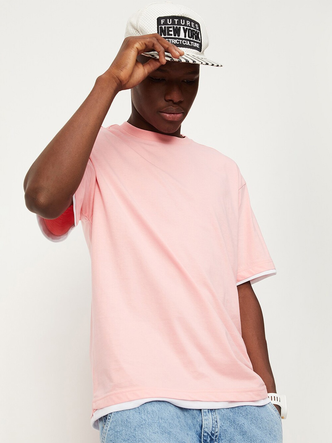 

max Round Neck Drop-Shoulder Sleeves Cotton Oversized T-shirt, Pink