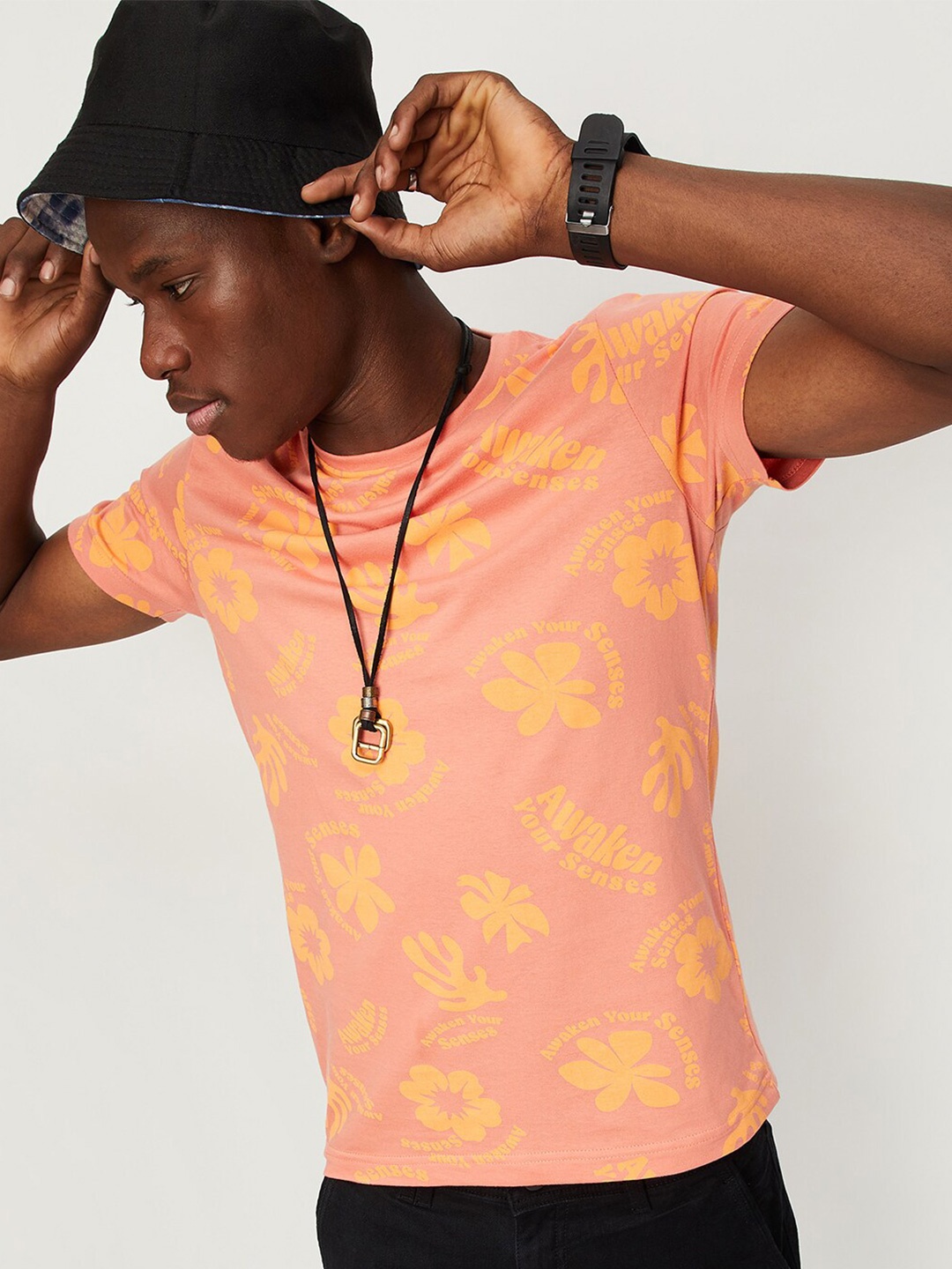 

max Floral Printed Pure Cotton T-shirt, Peach