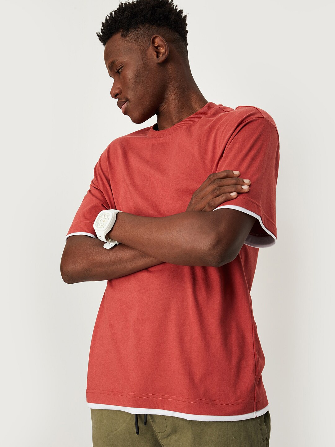 

max Round Neck Drop-Shoulder Sleeves Oversized Cotton T-shirt, Orange