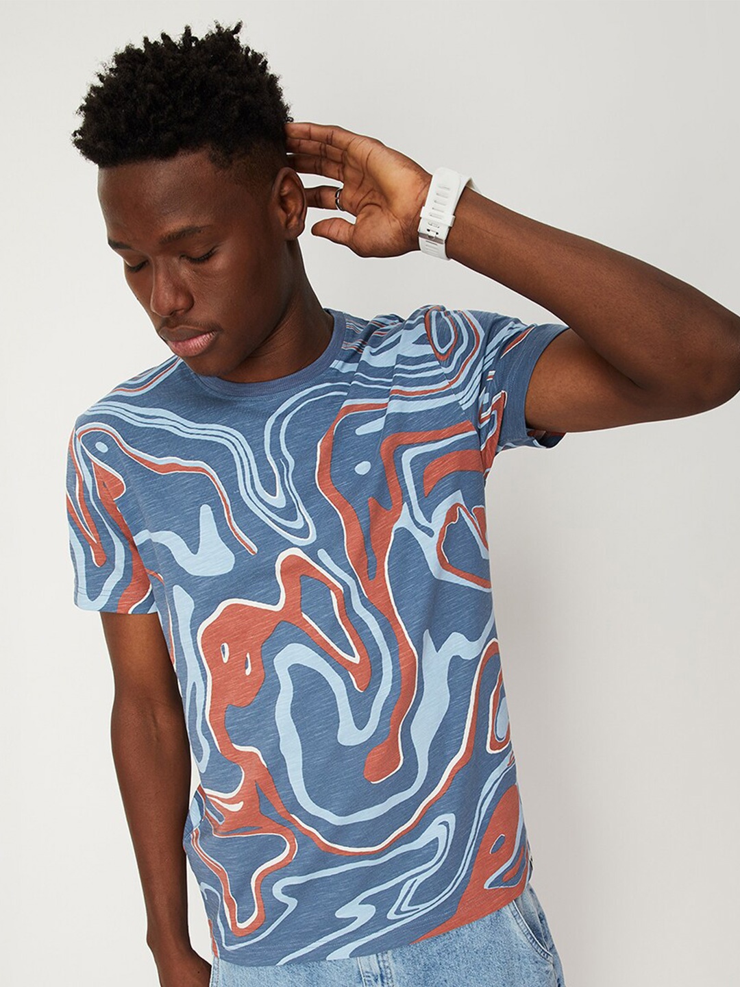 

max Round Neck Abstract Printed Cotton T-shirt, Blue