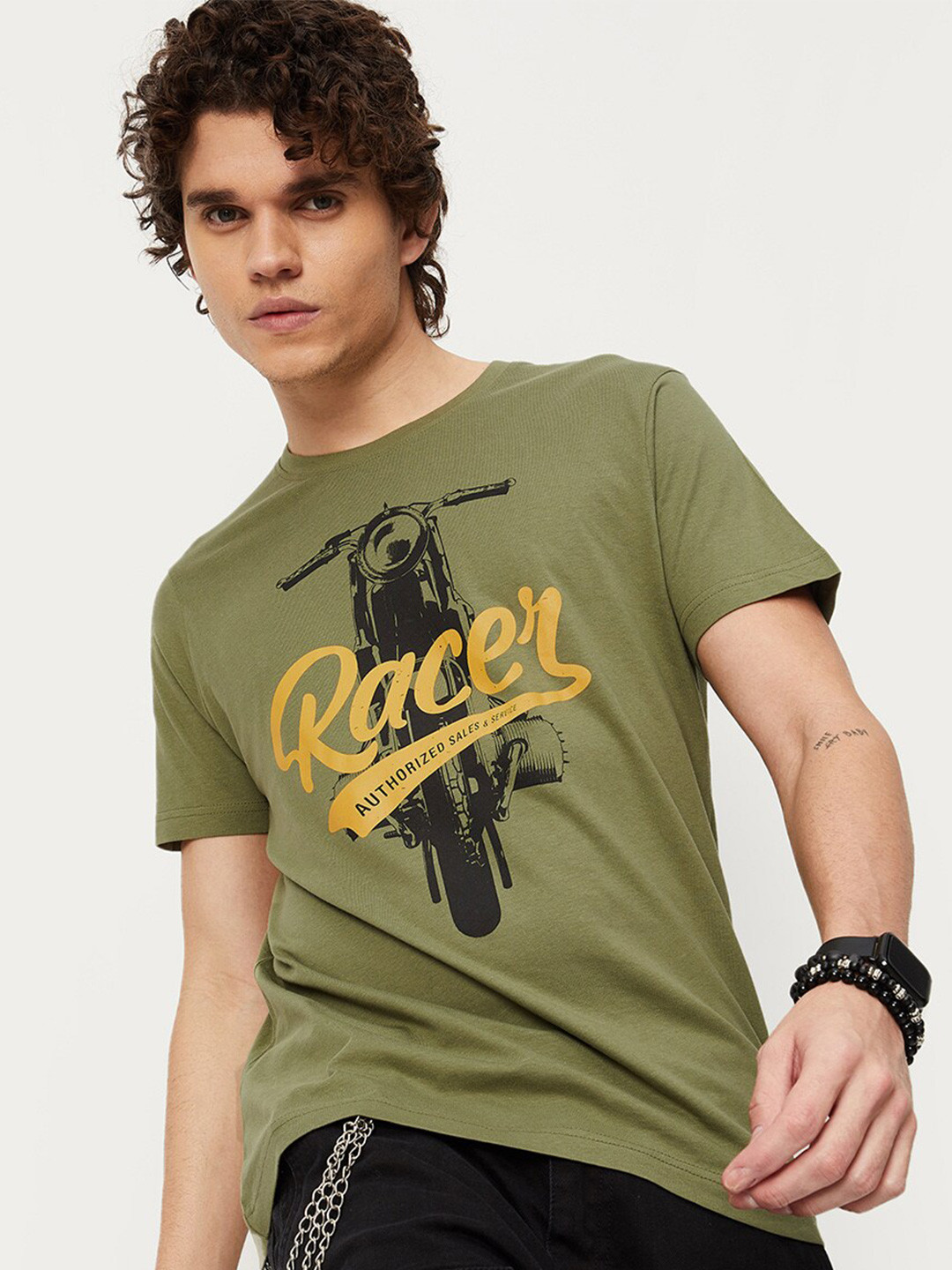

max Biker Printed Pure Cotton T-shirt, Olive