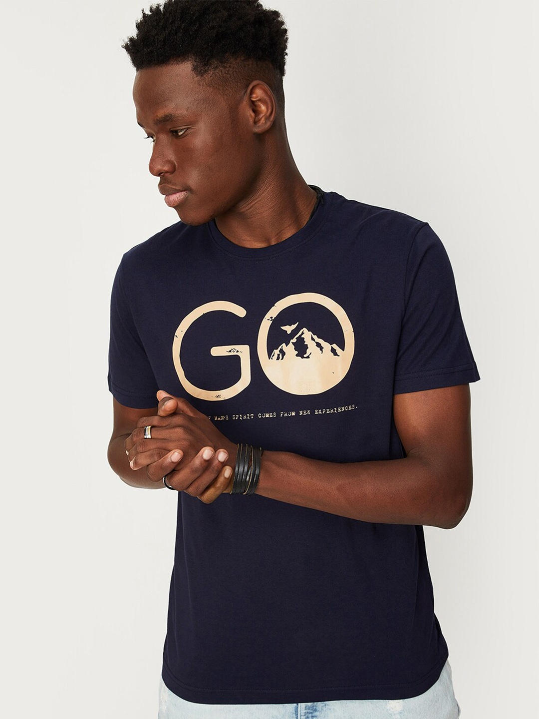 

max Typography Printed Cotton T-shirt, Blue