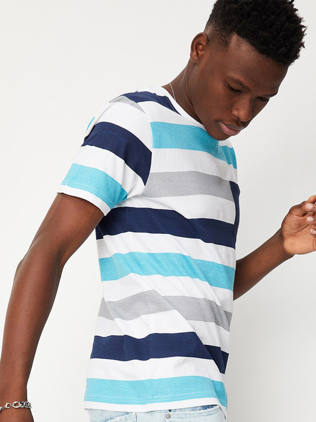 

max Striped Round Neck Pure Cotton T-shirt, Blue