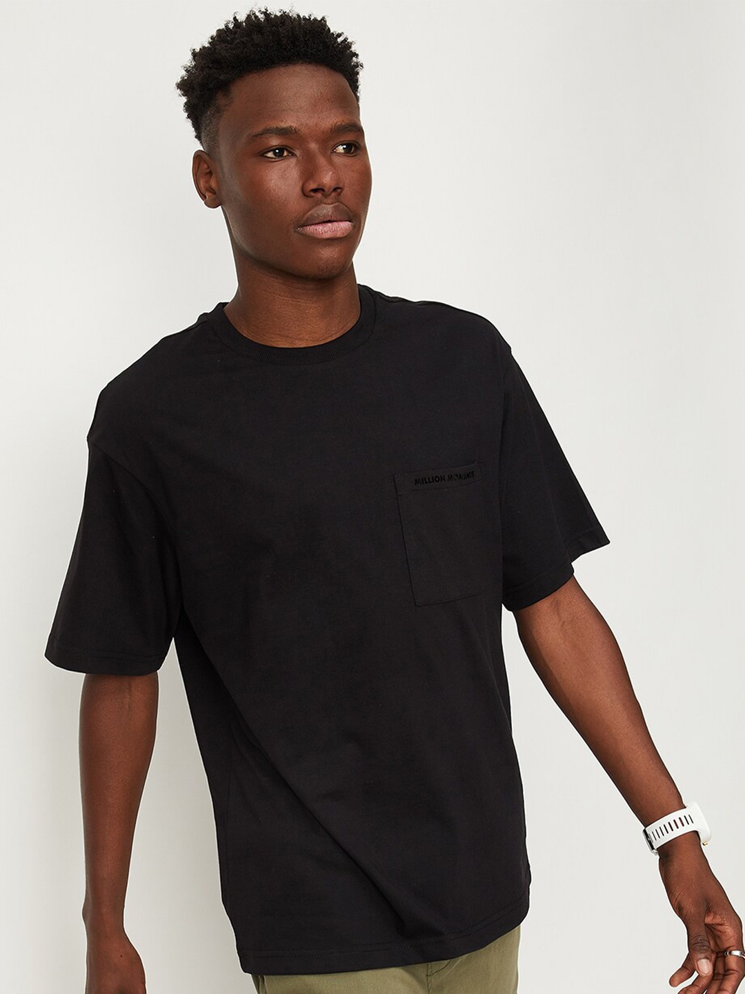 

max Round Neck Cotton Oversize T-shirt, Black