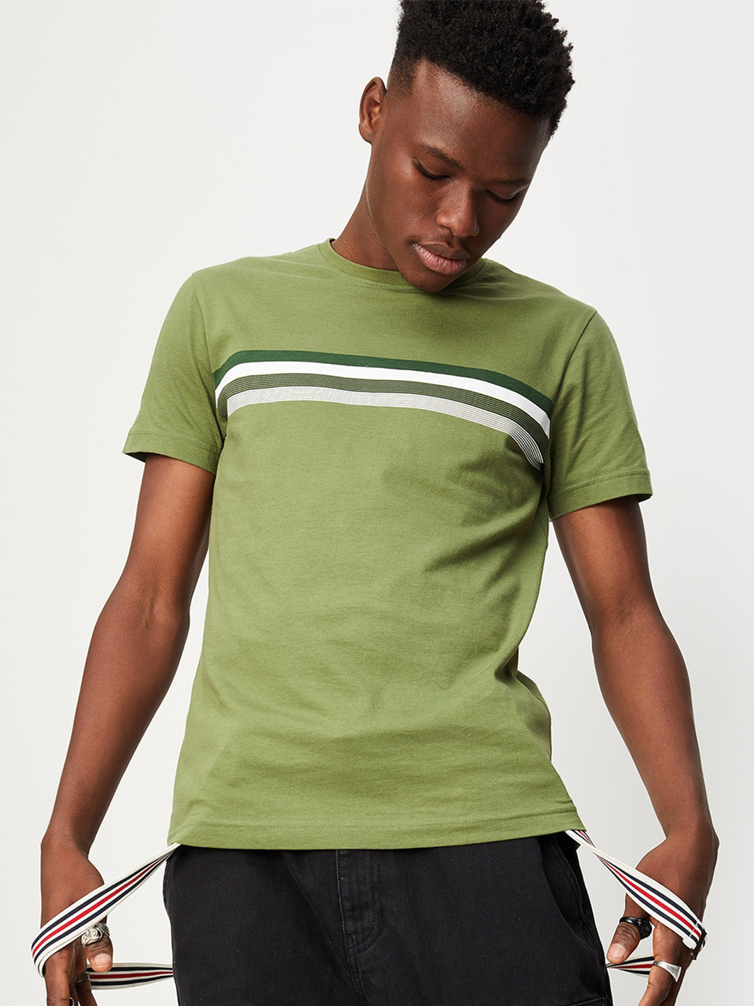 

max Striped Round Neck Pure Cotton T-shirt, Green