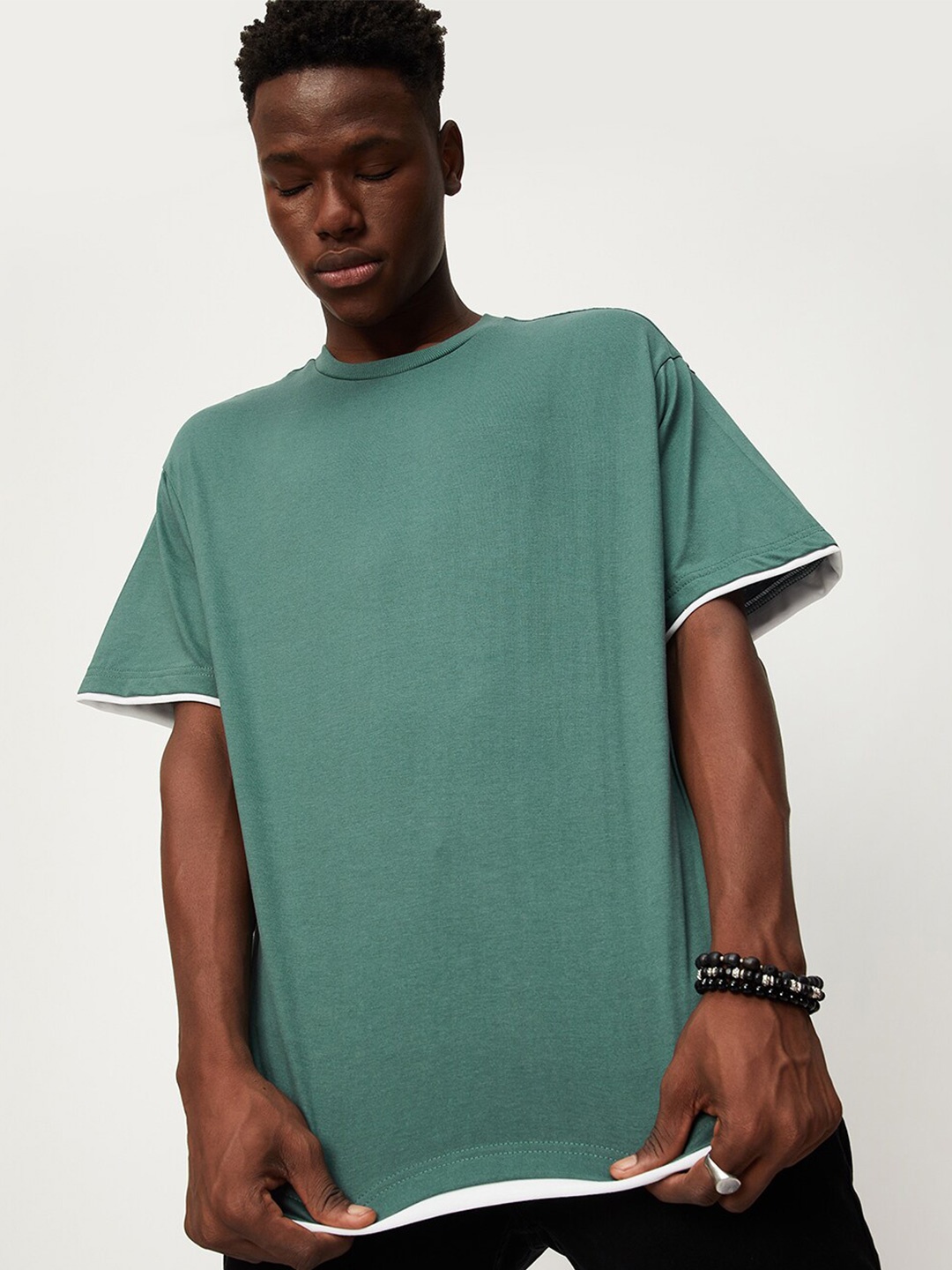 

max Drop Shoulder Sleeves Pure Cotton Oversized T-shirt, Green