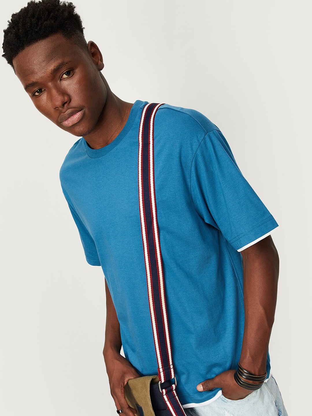 

max Round Neck Drop shoulder Sleeves Oversize Cotton T-shirt, Blue