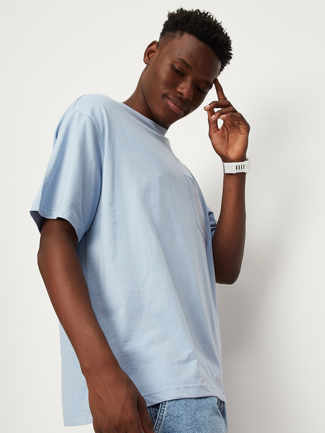 

max Round Neck Drop-Shoulder Pure Cotton Oversized T-shirt, Blue