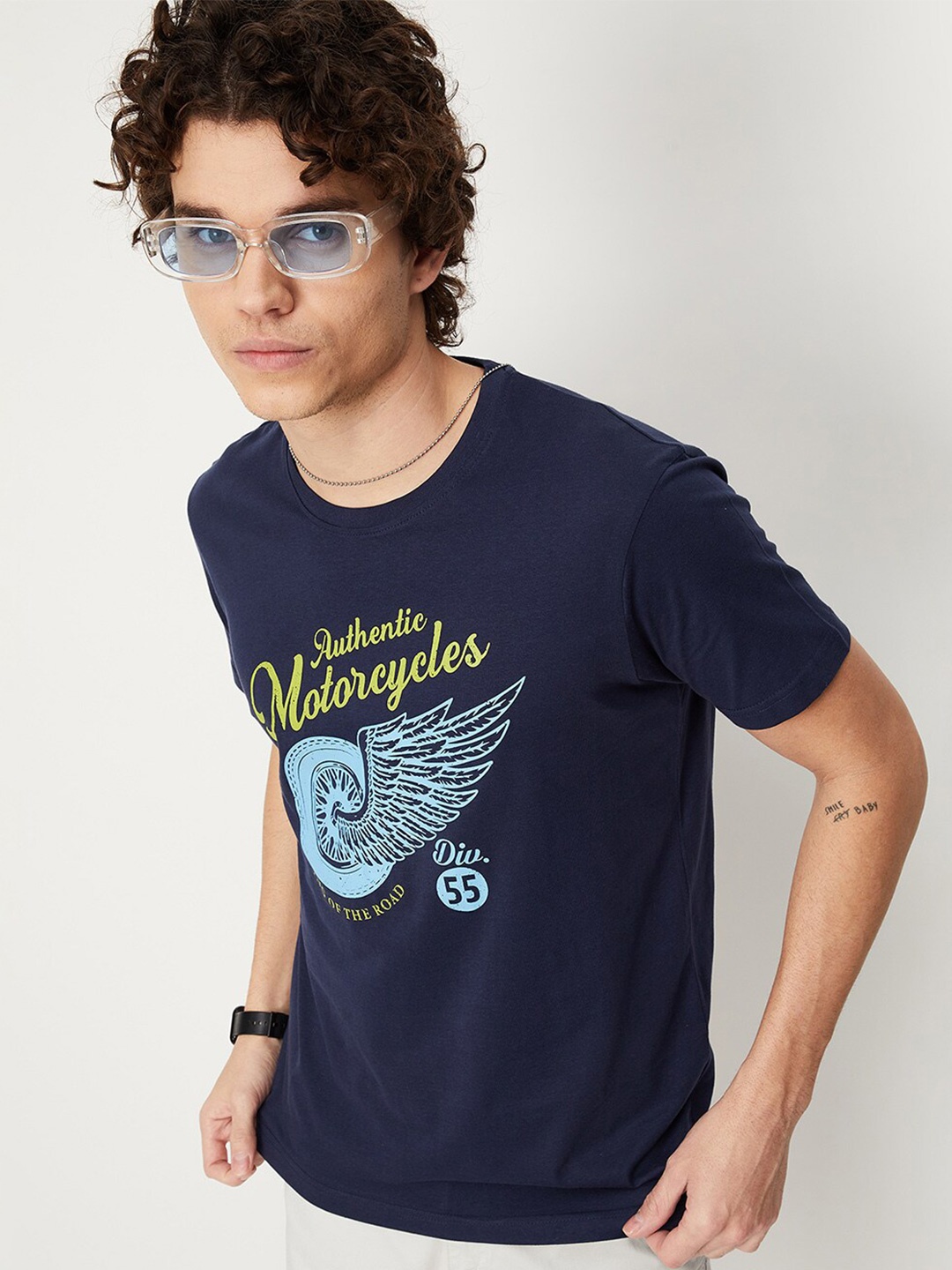 

max Typography Printed Pure Cotton T-shirt, Navy blue