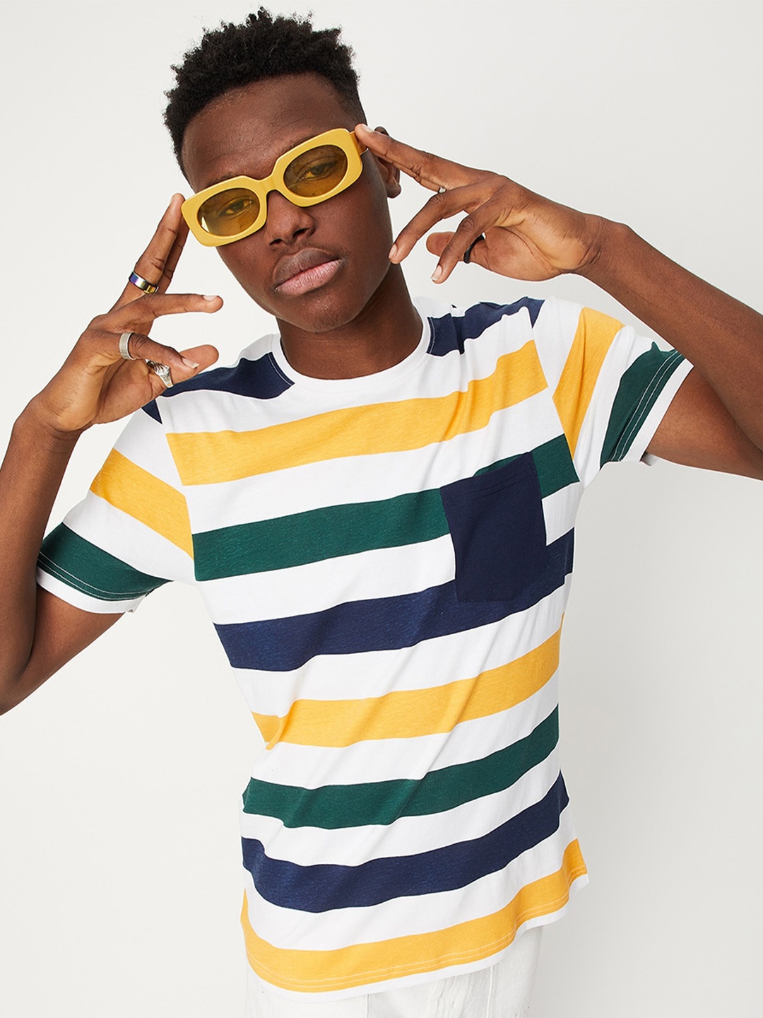 

max Men Striped Pure Cotton T-shirt, Yellow