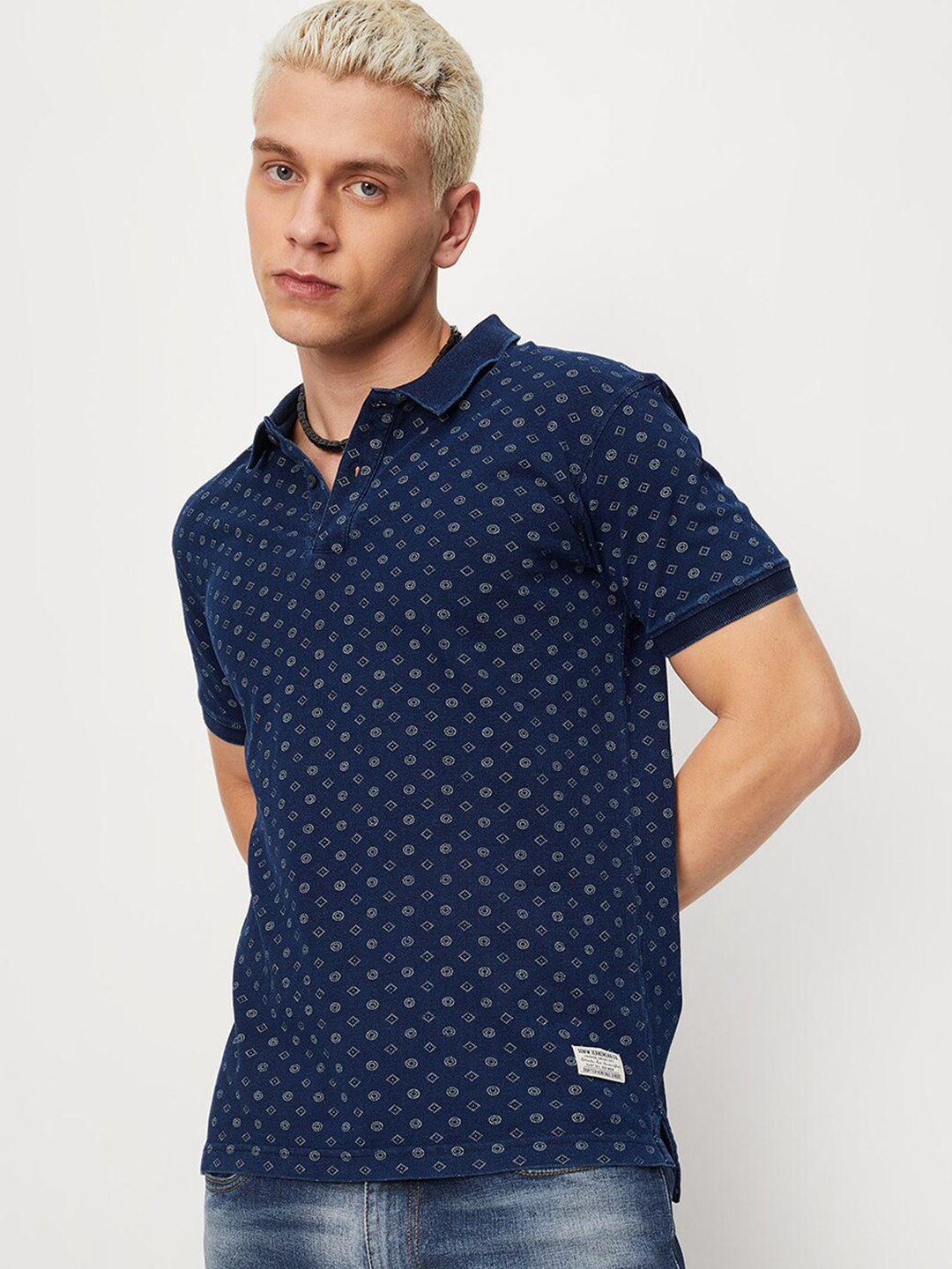 

max Geometric Printed Polo Collar Pure Cotton T-shirt, Navy blue